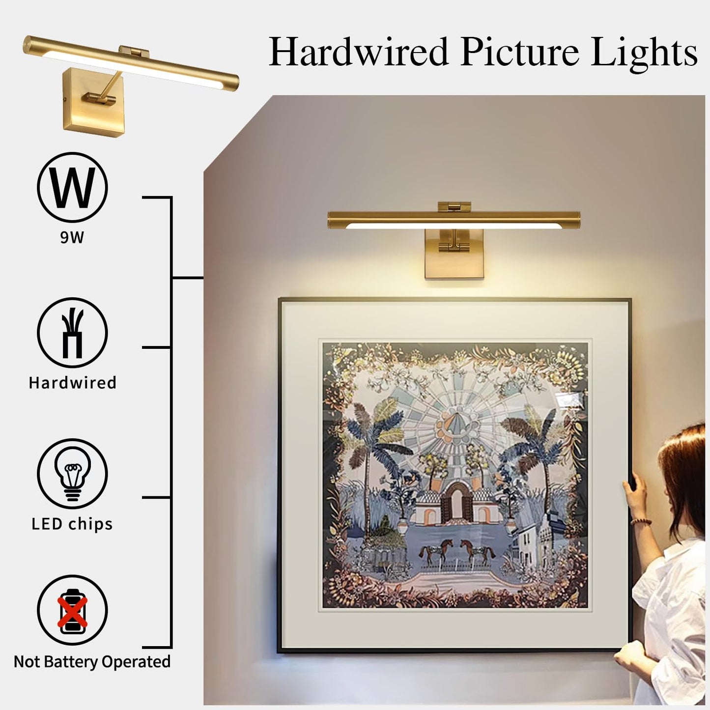 **LED Picture Light 16.5”, Modern Metal Wall Lamp with Swing Arm, 9W Hardwired, 3000K Warm White, CRI80+, Brass Finish**