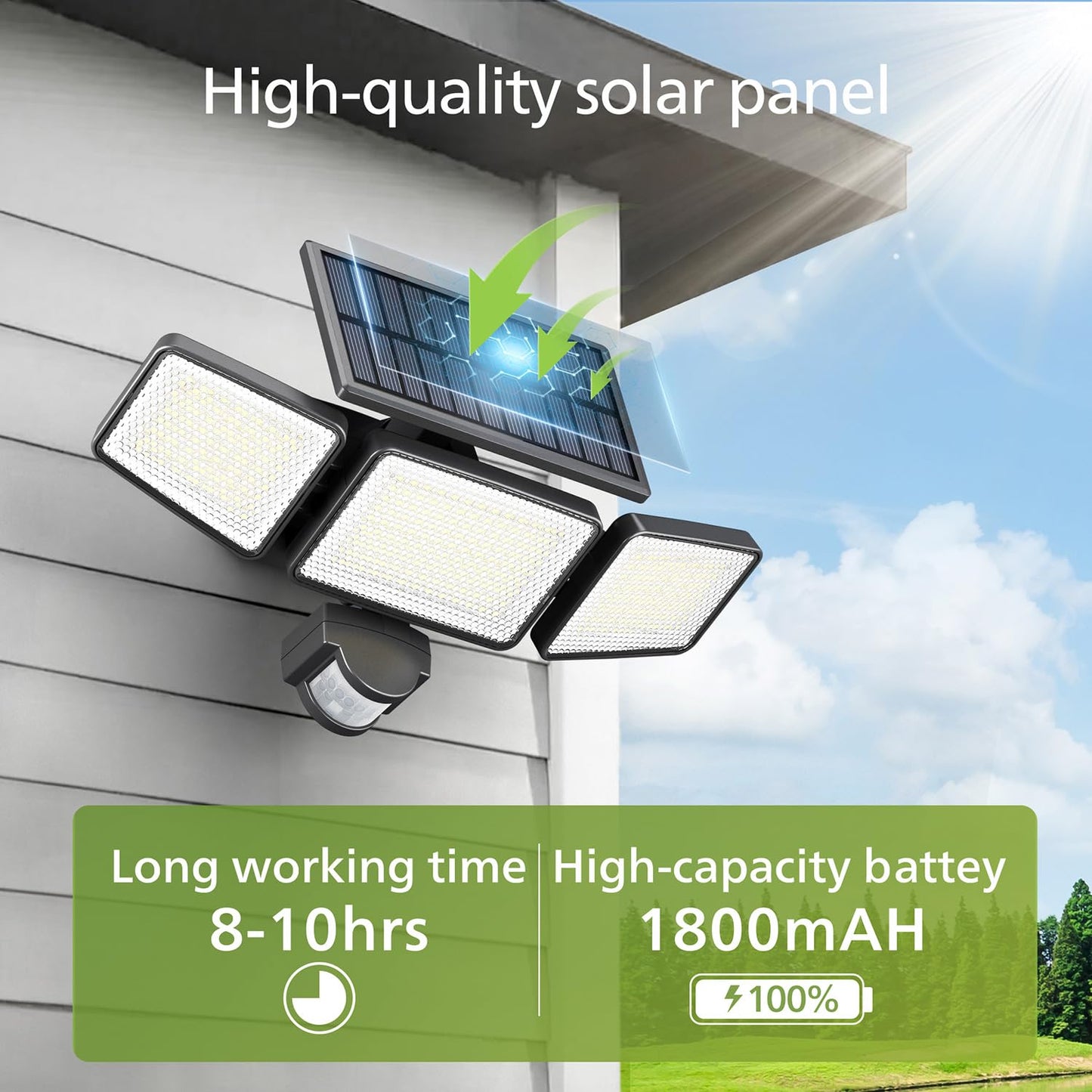 Philips 302 LED Solar Security Light 1200lm, Outdoor Waterproof Floodlight w/ PIR Motion Sensor, 3 Heads, 3 Modes, 2-Pack