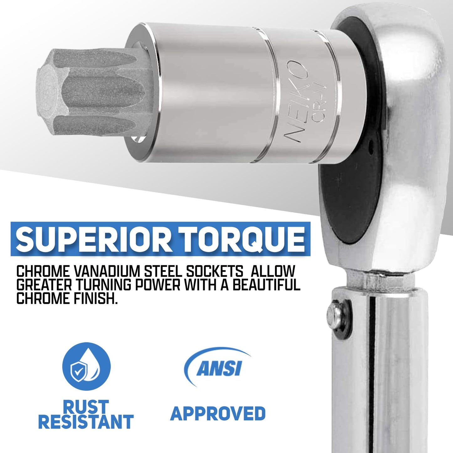 Neiko 10086A 6 Point Torx Plus Bit Socket Set, 1/4-Inch, 3/8-Inch and 1/2-Inch Drive, TP8 - TP60, 12-Piece