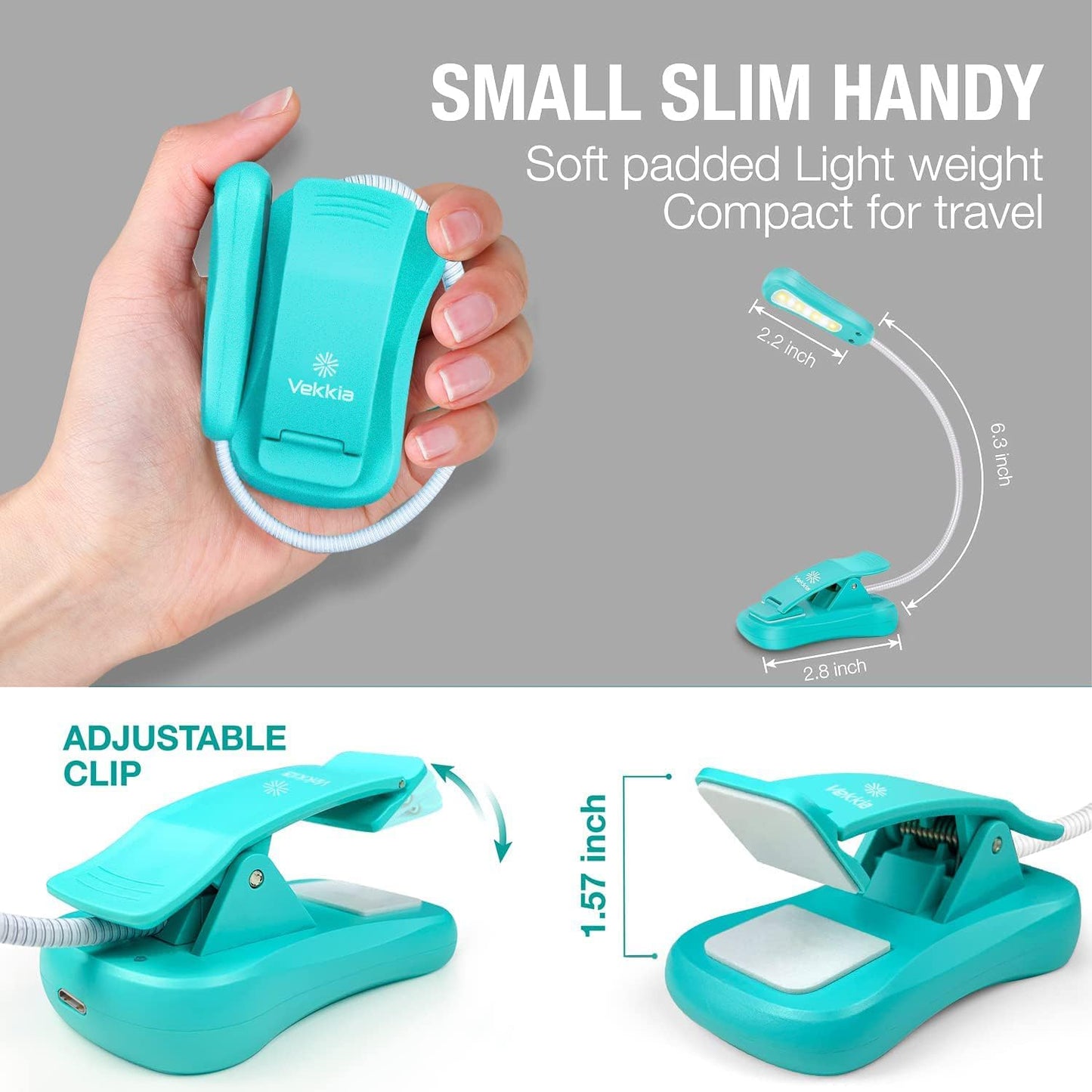 Vekkia Rechargeable Book Light, 3 Colors & 3 Brightness Levels, Lightweight, Up to 70H, Ideal for Reading, Travel – Blue