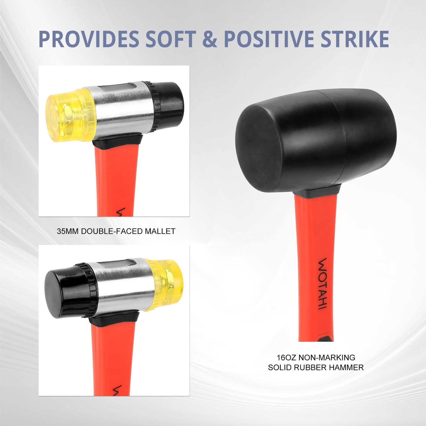WOTAHI 2-Piece Hammer Set – 16oz Rubber Mallet & 35mm Double-Faced Soft Hammer, Solid Head, Soft Grip Fiberglass Handle