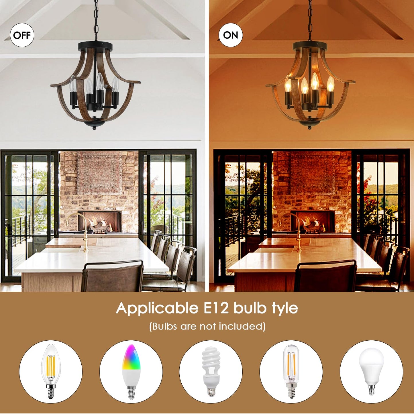 LAMPKEDUO Farmhouse Pendant Light, 4-Light Rustic Flush Mount Ceiling Fixture, Faux Wood Vintage Chandelier for Dining Room Kitchen