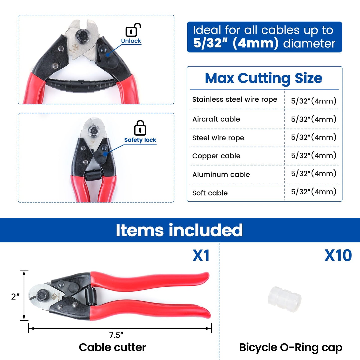 Muzata Cable Cutter Heavy Duty Stainless Steel Wire Rope Seal Cutter Aircraft Up to 5/32" for Deck Railing Metal Fence Bicycle Housing Brake M015, CT1