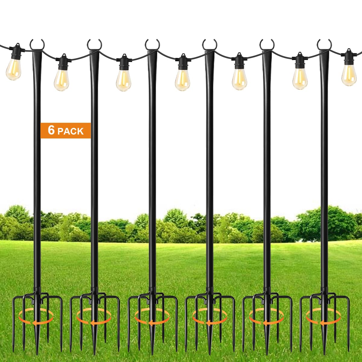 MuliVid 6-Pack 9FT Outdoor String Light Poles, Metal Hanging Light Stands with Forks for Patio, Garden, Backyard, Pergola, Party