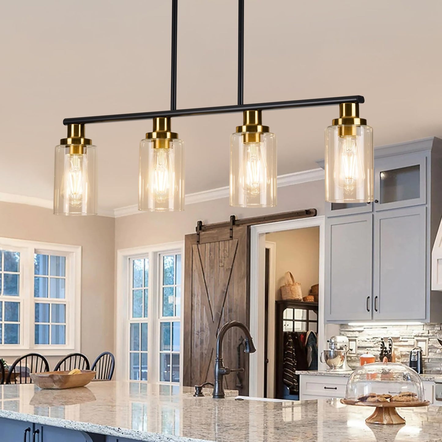KPIOK 4-Light Island Lights for Kitchen, Farmhouse Linear Chandelier, Matte Black & Gold Industrial Pendant with Clear Glass Shades