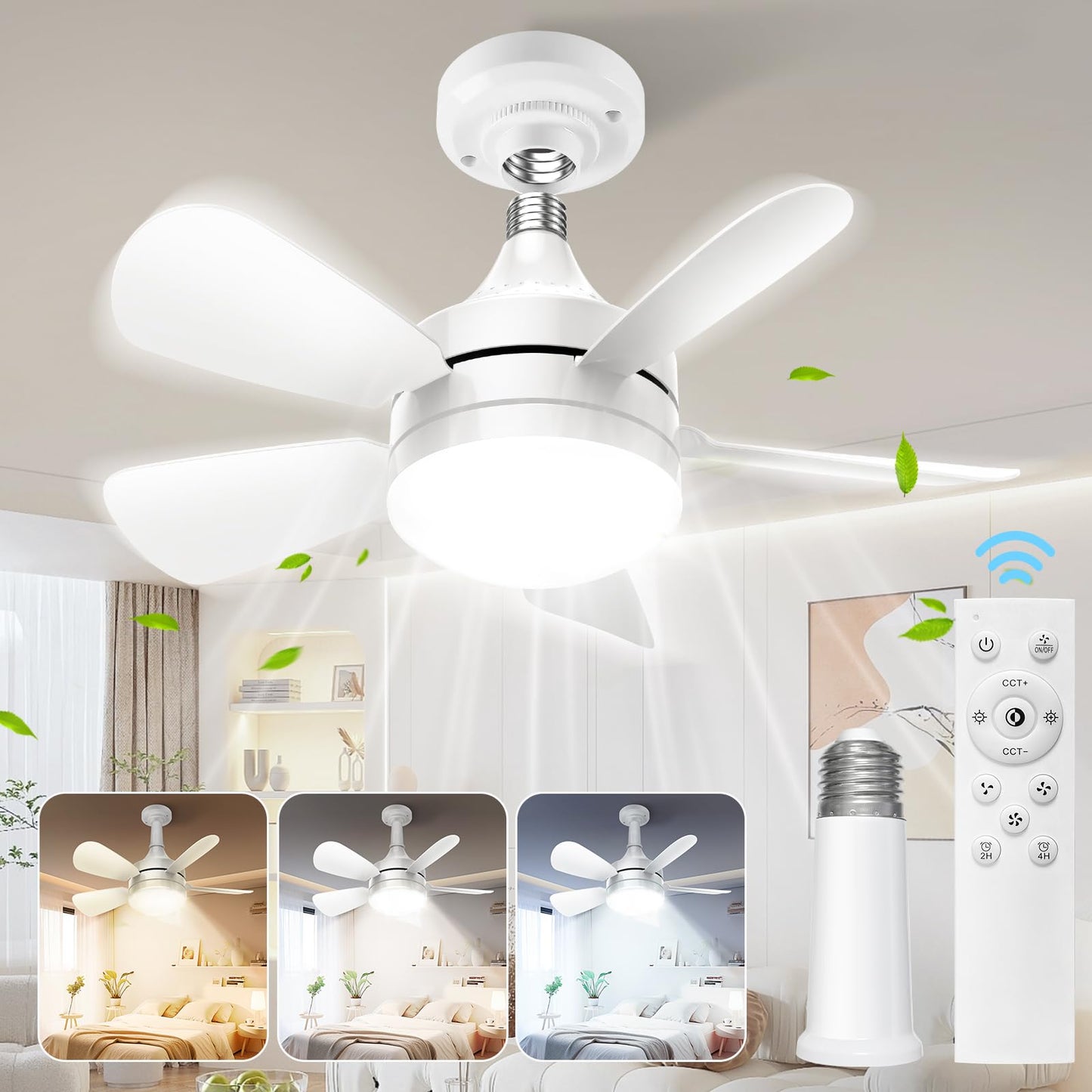 OSTIVE Socket Ceiling Fan with Light & Remote – Small Screw-In Fan, Dimmable LED 3CCT 3000K-6500K, 2000 Lumens for Bedroom & Living Room