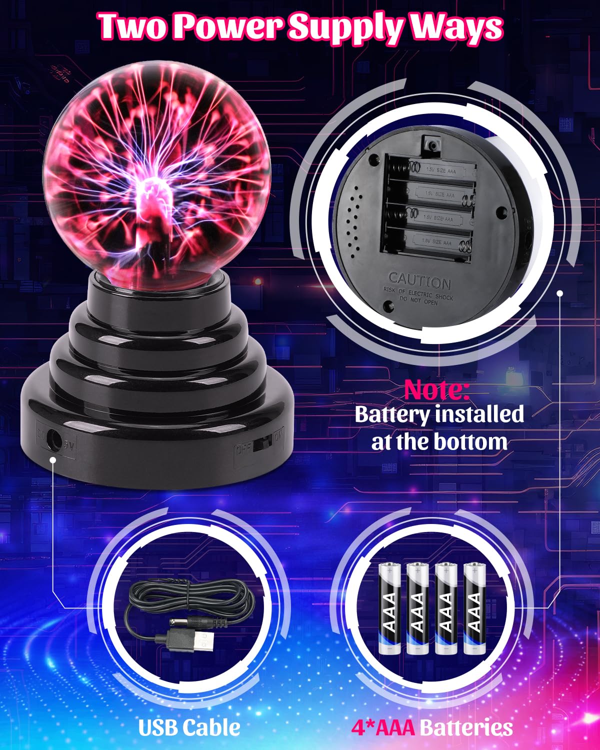 Theefun 3 Inch Plasma Ball Lamp, Touch Sensitive Plasma Globe, USB or Battery Powered, Nebula Lightning Novelty Toy & Home Decor