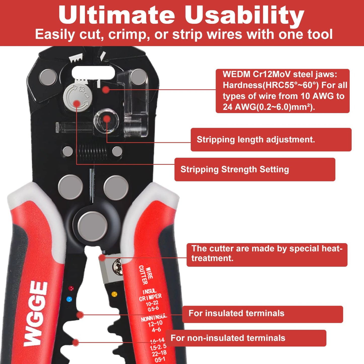 WGGE WG-014 3-in-1 Self-Adjusting Wire Stripper, Cutter & Crimper, AWG 10-24, 8" Automatic Wire Stripping Pliers Tool