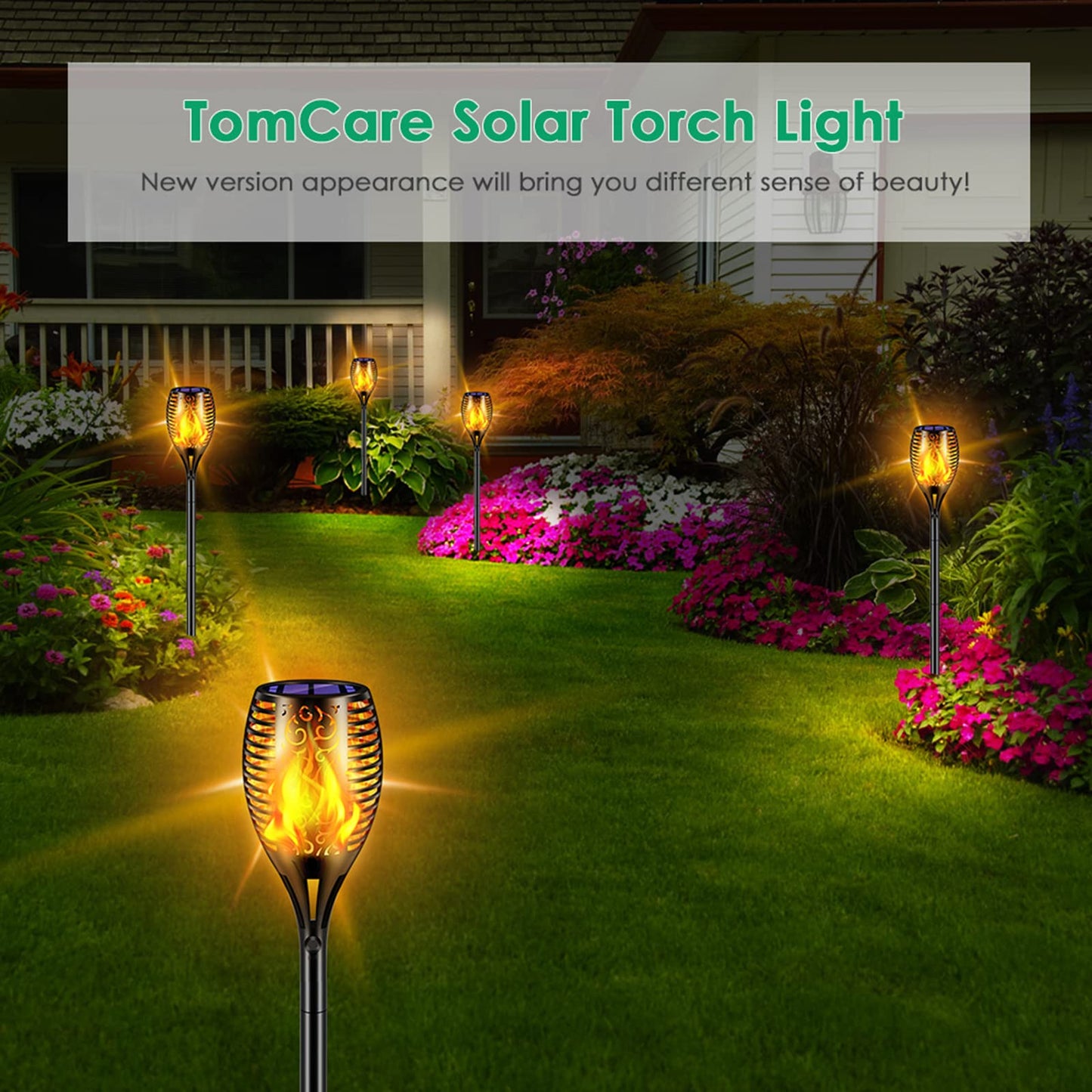 TomCare Solar Torch Lights Outdoor, 43" Flickering Flame Pathway Lights, 99 LED, Waterproof Solar Powered Garden Yard Patio Decor, 4-Pack