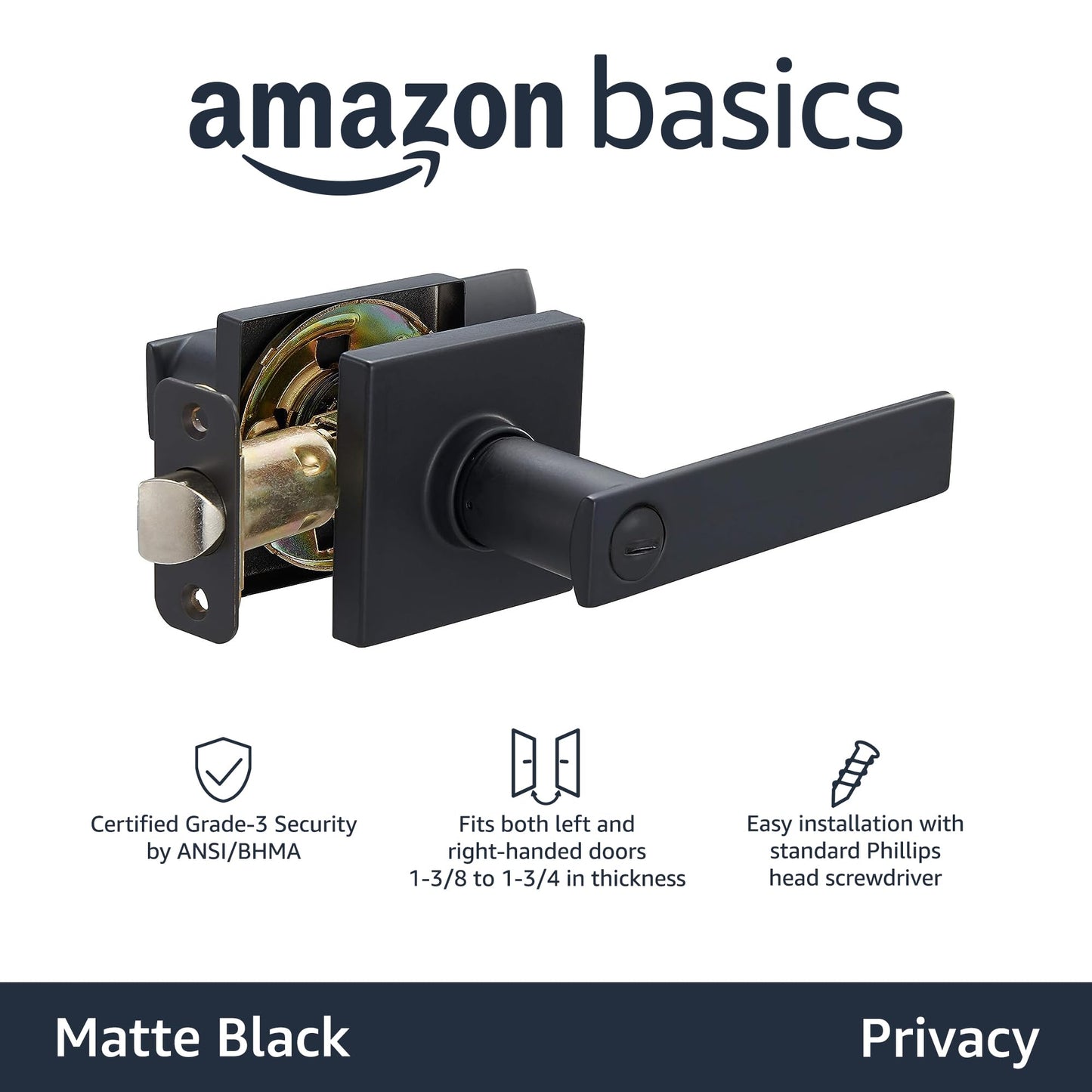 Amazon Basics Contemporary Stamford Door Lever - Privacy- Matte Black, 1-Pack