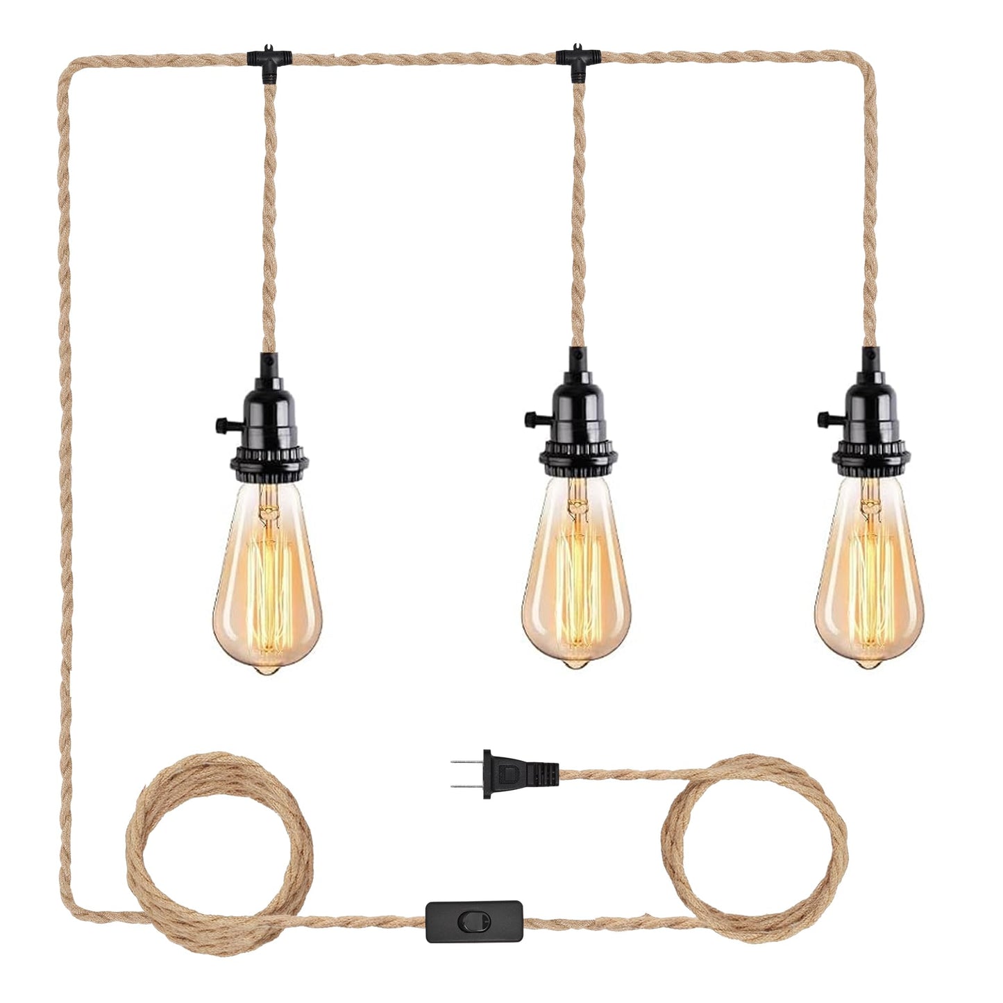 CAFULAM 3 Light Hemp Rope Plug in Pendant Light Rattan Hanging Lights with Plug in Cord with Woven Lamp Shade, Plug in Cord Hemp Rope Hanging Lamp