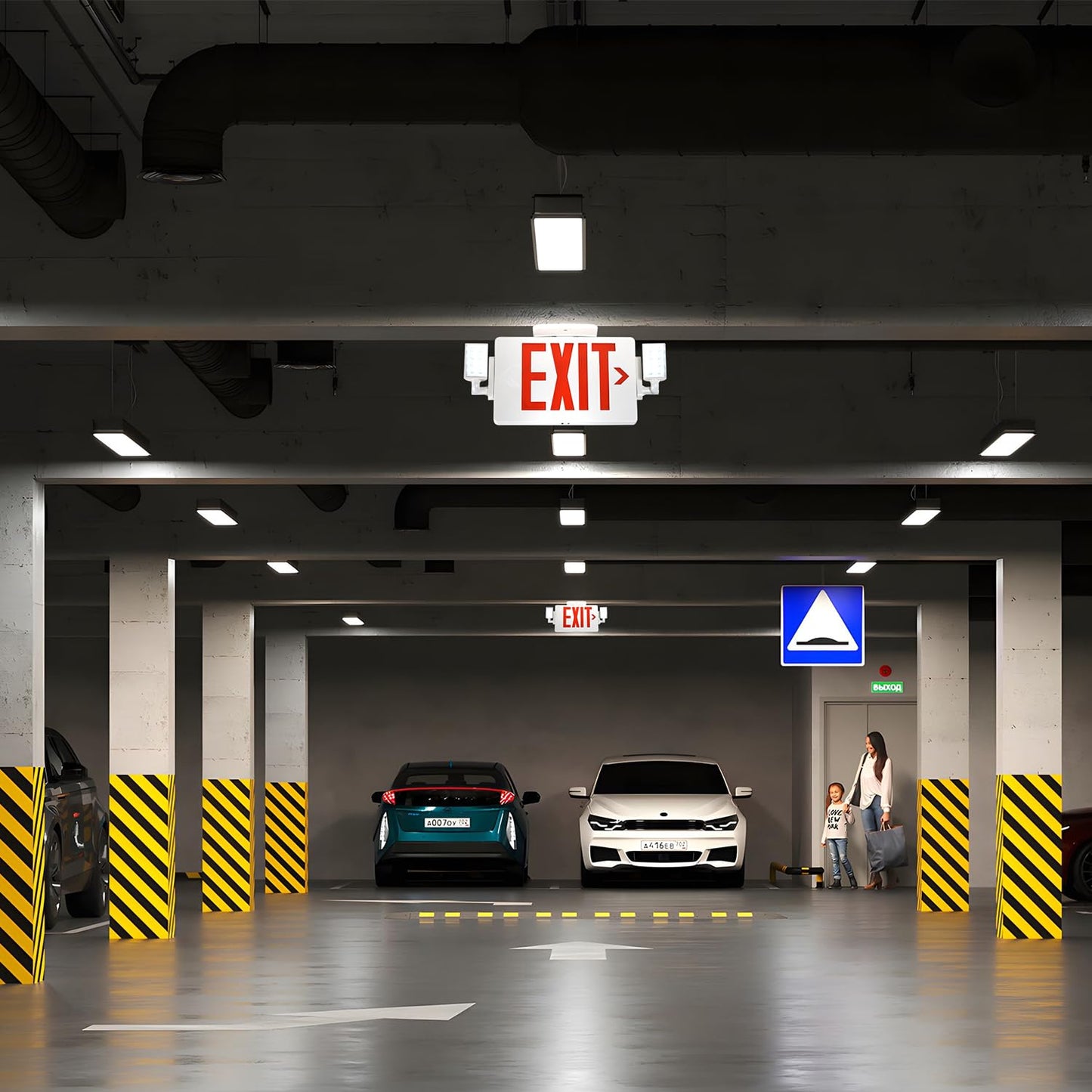 Gruenlich 2-Pack LED Combo Exit Sign with Emergency Light, Adjustable Heads, Double Face, Backup Batteries, UL 924, 120-277V, Red US Standard