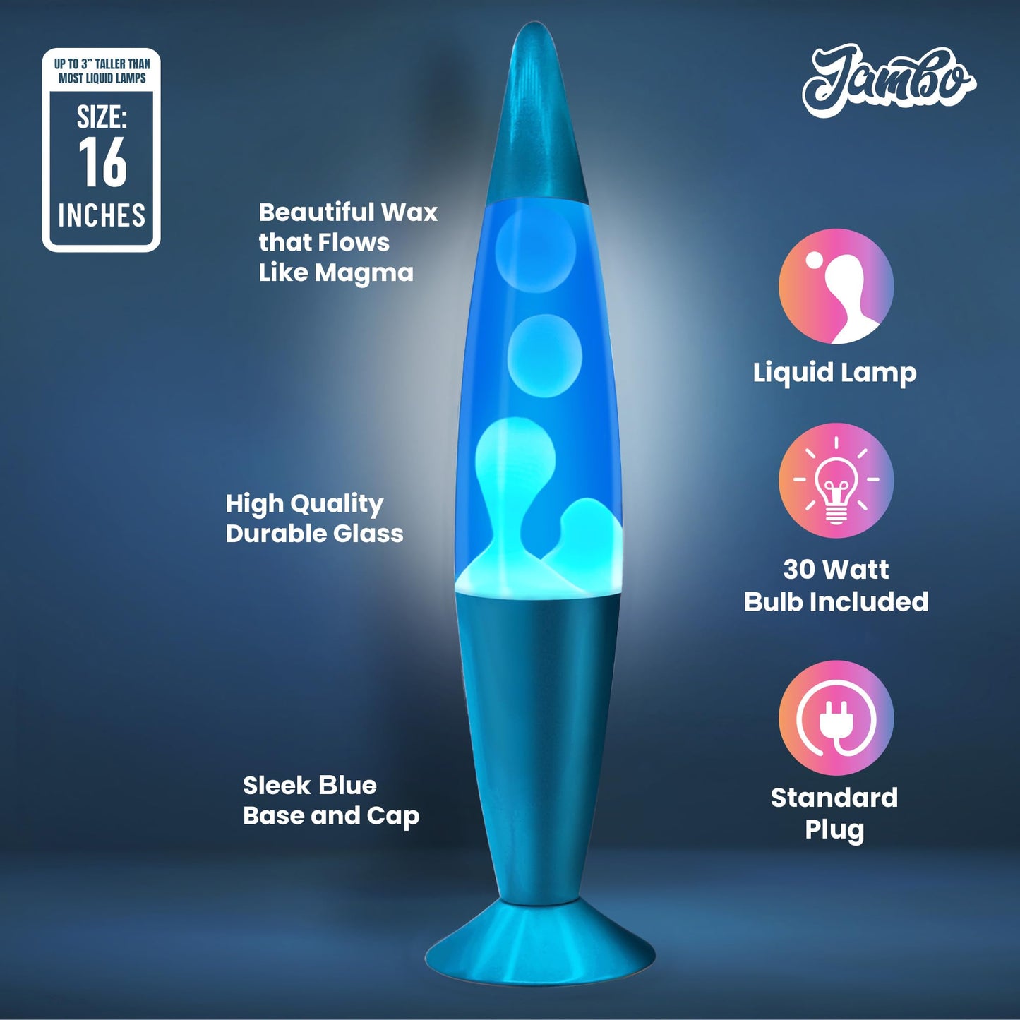JAMBO 16" Blue & White Magma Motion Lamp – Relaxing Liquid Night Light for Bedroom, Living Room, Office, Teens & Adults