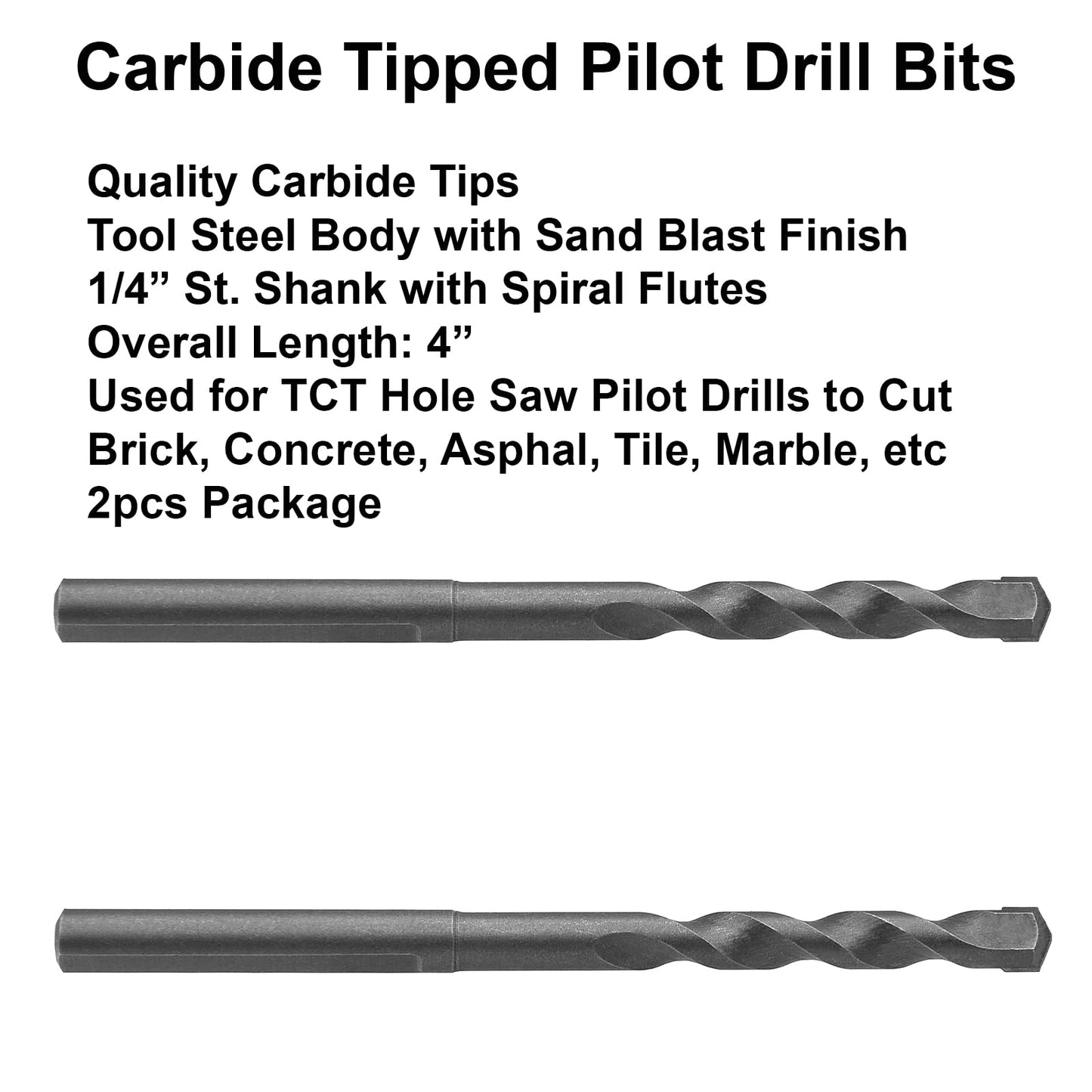 MaxTool 2PCs 1/4" x 3-3/4" Carbide Tipped Pilot Drill Bits for All holesaw arbors to Cut Asphalt Brick Concrete Marble Tile etc; BA00S16R14P2