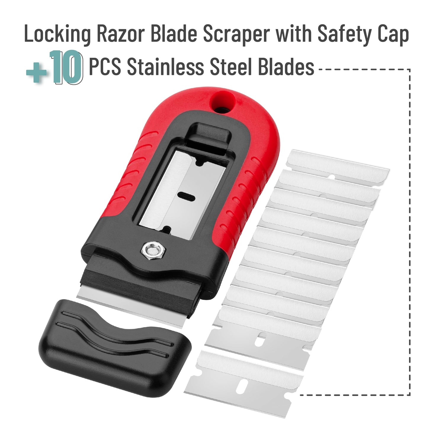 Bates Red Razor Blade Scraper Set with 10 Extra Stainless Steel Blades – Locking Glass, Window & Paint Scraper Tool for Cleaning