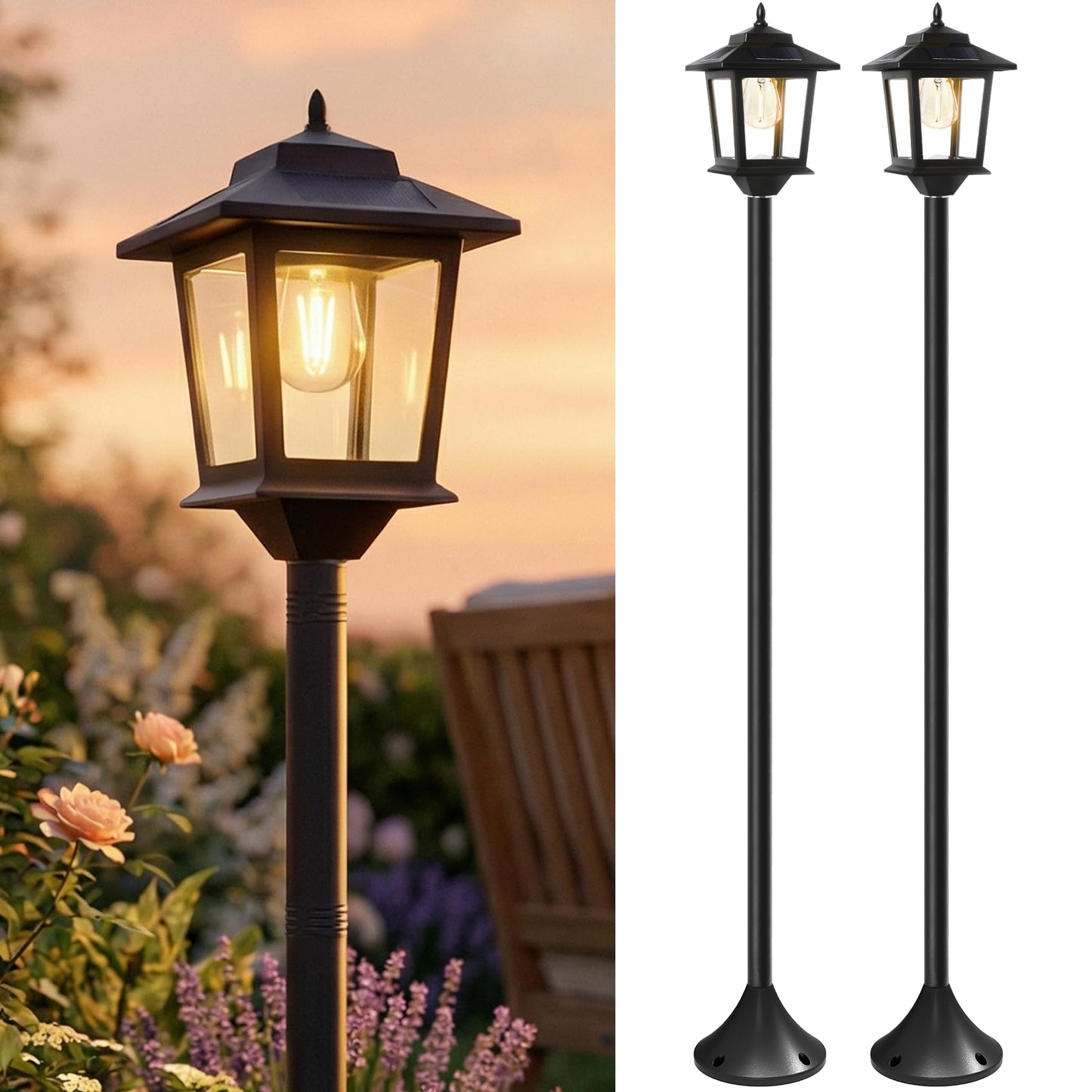 PASAMIC Outdoor Solar Post Lights, 2-Pack 63" Dusk to Dawn Lamp Posts, Waterproof Warm White Patio Floor Lamps with Replaceable Bulb