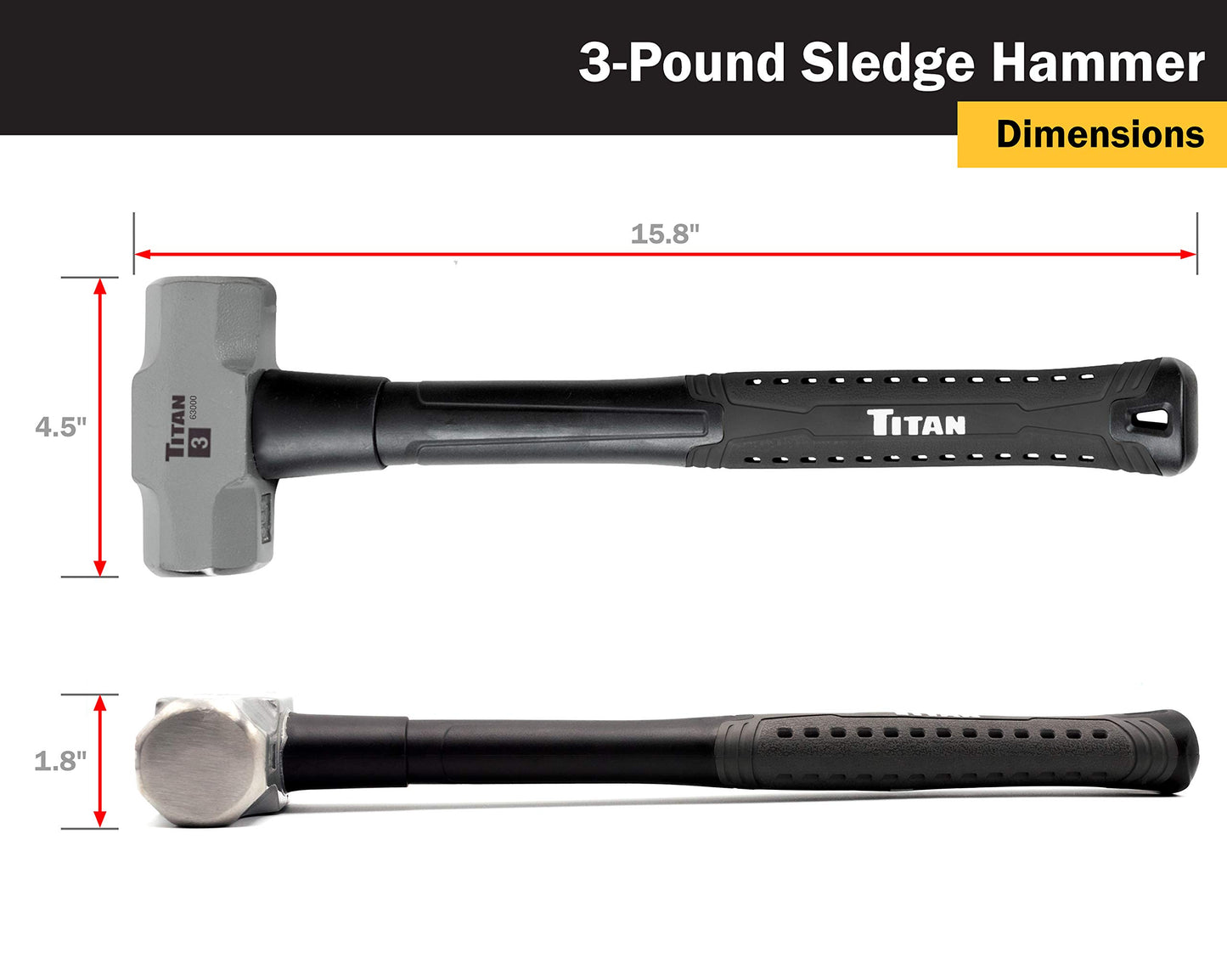 Titan 63000 3lb Sledge Hammer, Forged Steel Head, Overstrike Protection, Sledgehammer with 16" Shock Absorbing Fiberglass Handle with Textured Grip