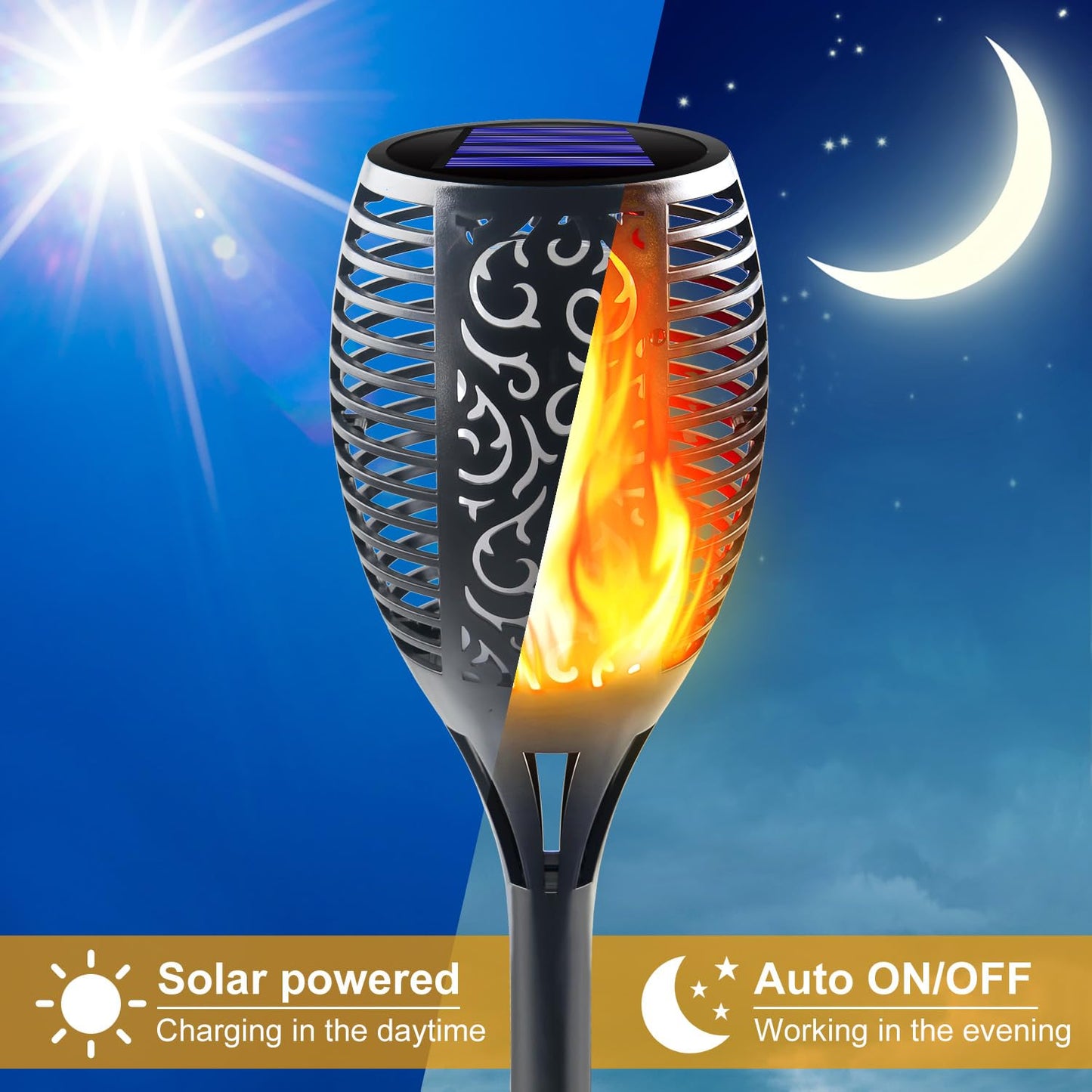 Awethone Solar Torch Lights 4 Pack, Ultra-Bright Flickering Flame Outdoor Tiki Torches, Waterproof Garden Pathway Lighting