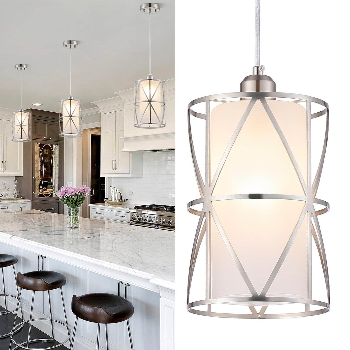 Zlierop Modern Cylindrical Pendant Light, Frosted Glass Brushed Nickel, Hanging Kitchen Island Lighting for Dining, Foyer & Entryway