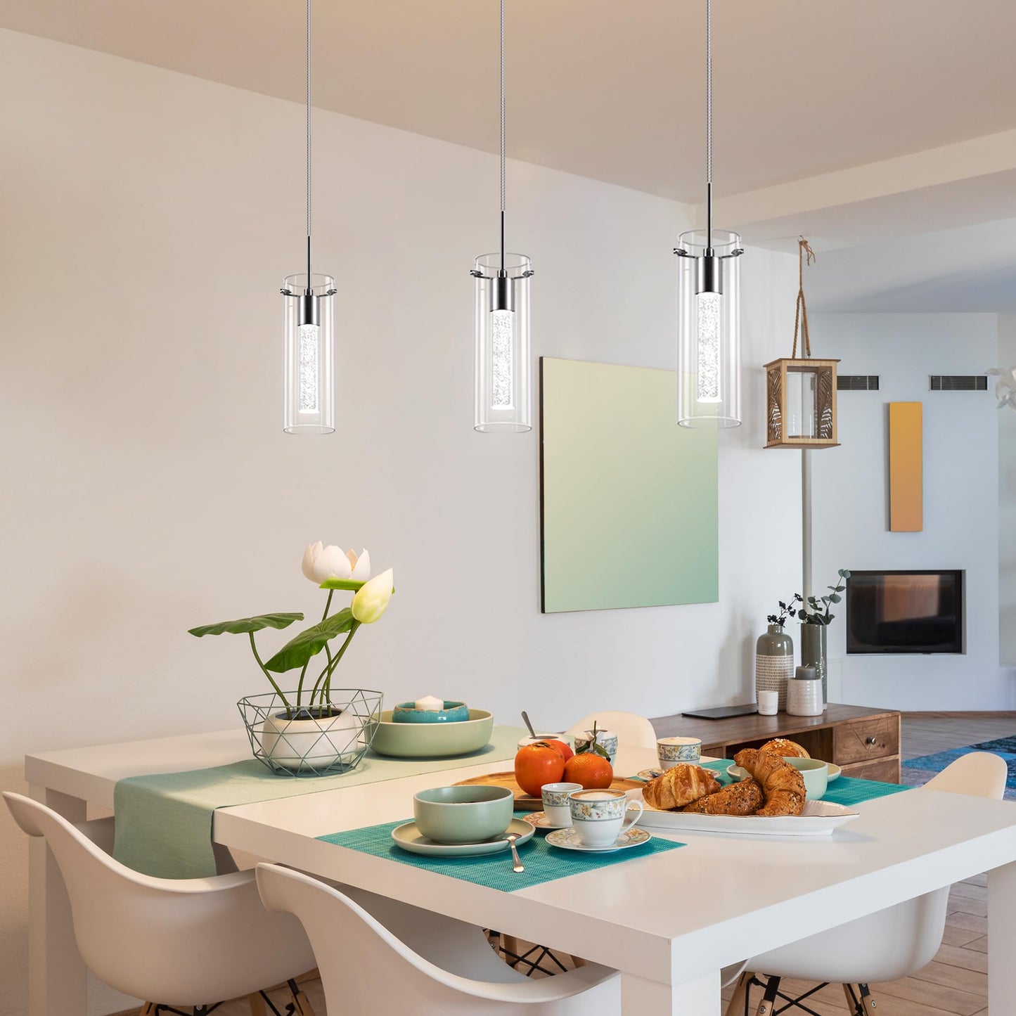 Esfos 1-Light LED Pendant Ceiling Light, Modern Crystal Bubble Glass Hanging Fixture for Kitchen Island, 3-Pack