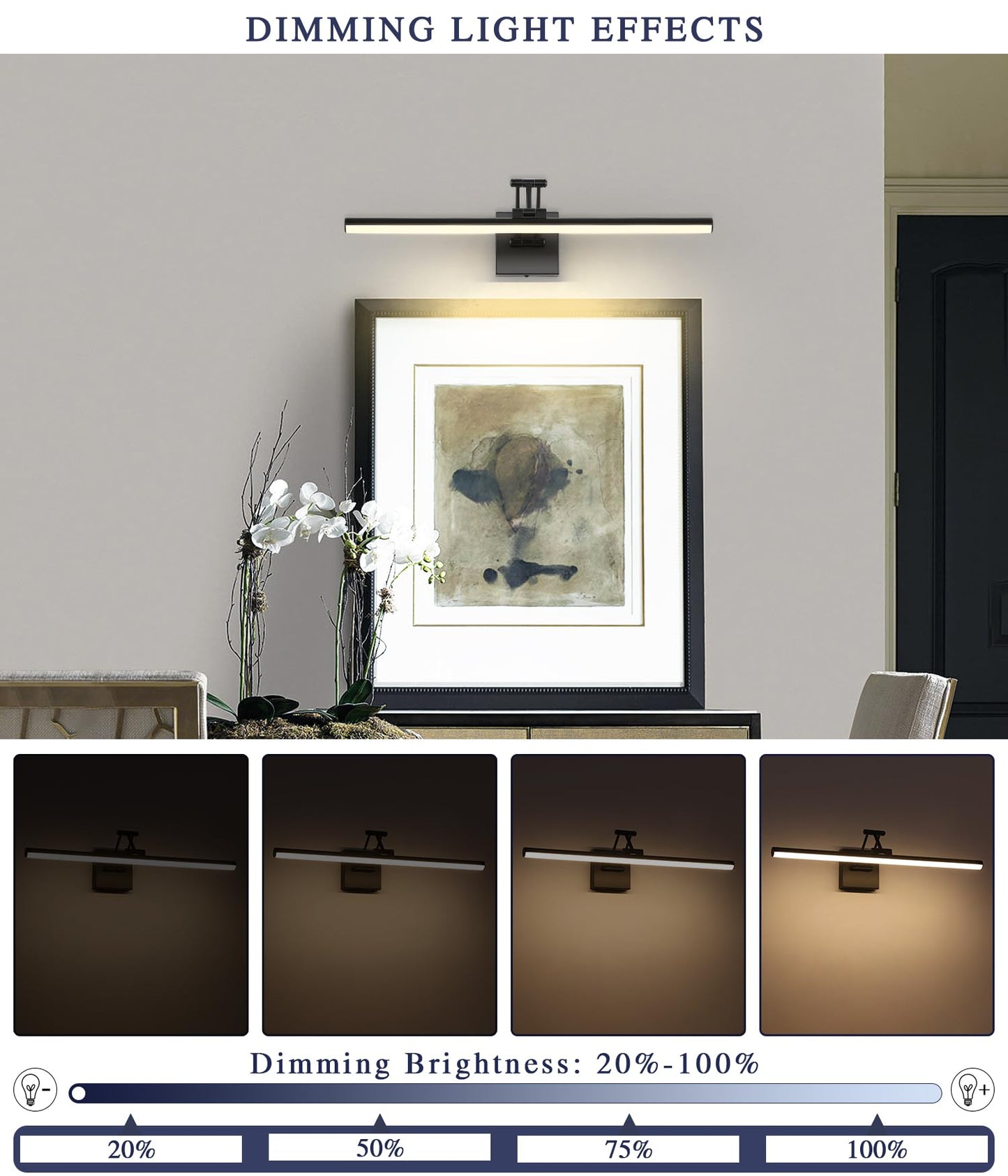 Joossnwell 23.6" Dimmable Black Picture Light for Paintings, Hard-Wired with Adjustable Swing Arm, Warm White Gallery & Museum Lamp