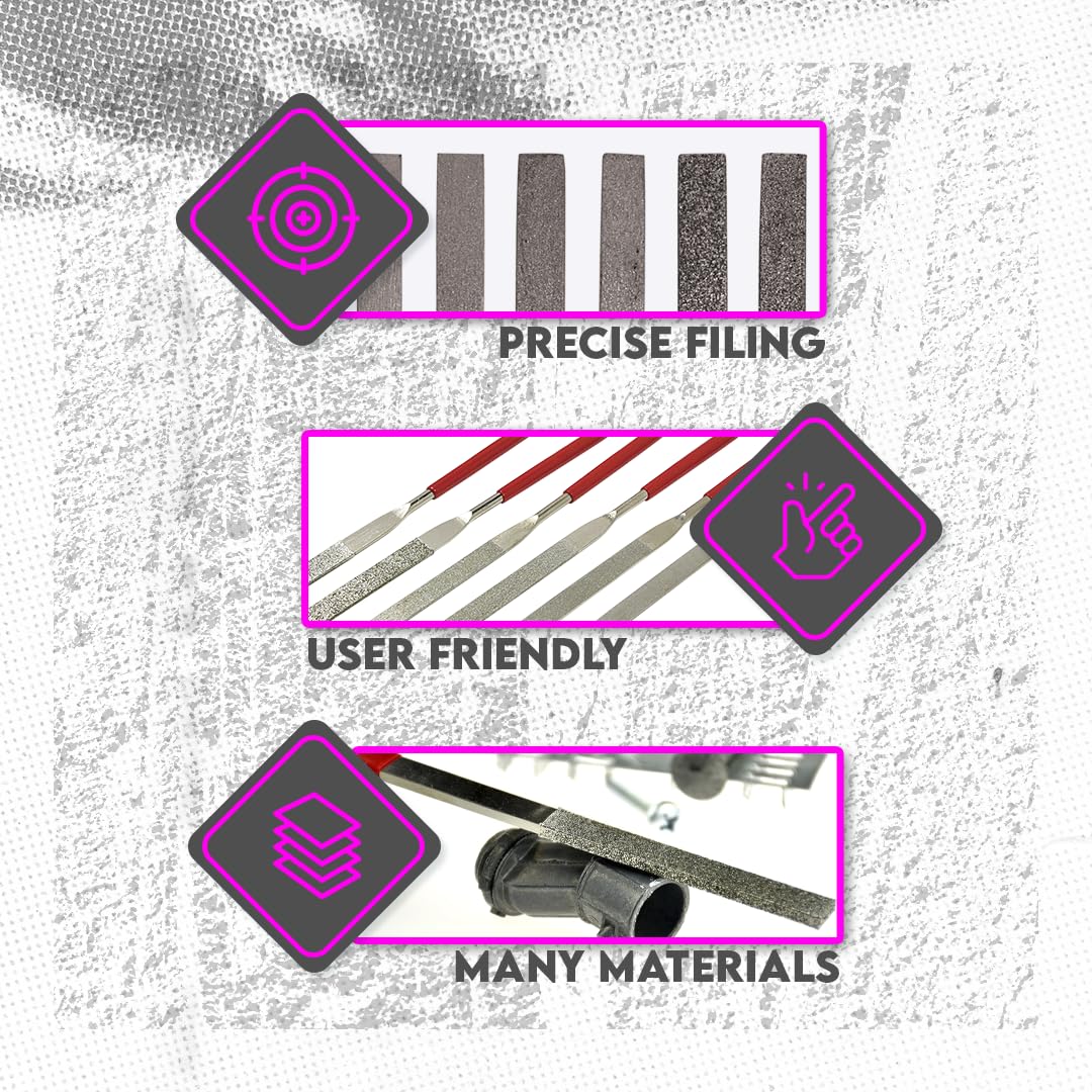 SE 74330DF 6-Piece Diamond Grit File Set, Multi-Grit Flat Files for Metal Glass Stone, 7″ Length, 2″ Diamond Surface, Round Handles, PVC Pouch