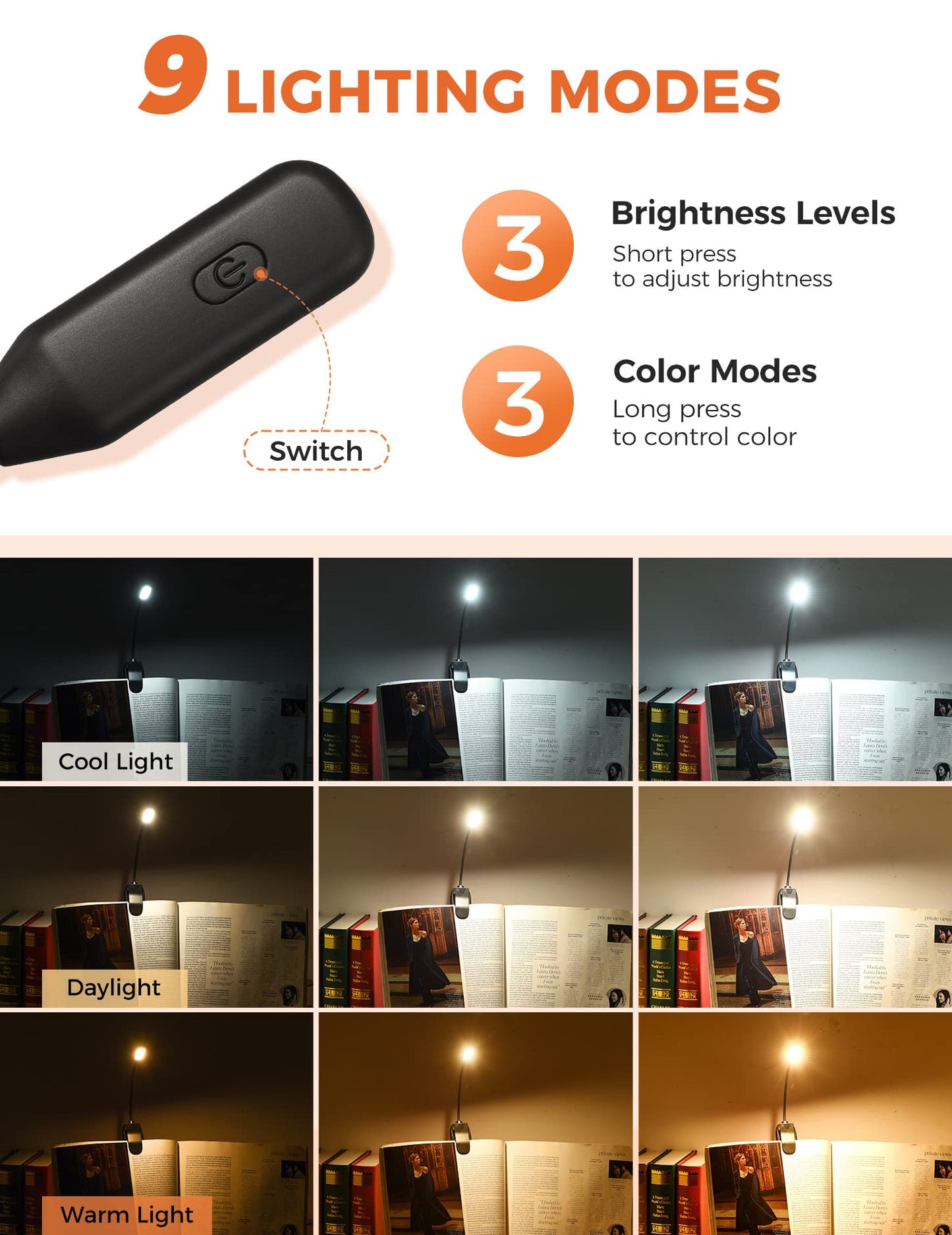 Monotremp Rechargeable Book Light for Night Reading, 80H Runtime, 3 Brightness × 3 Color Temps, Ultra-Light 1.3oz for Bed Use