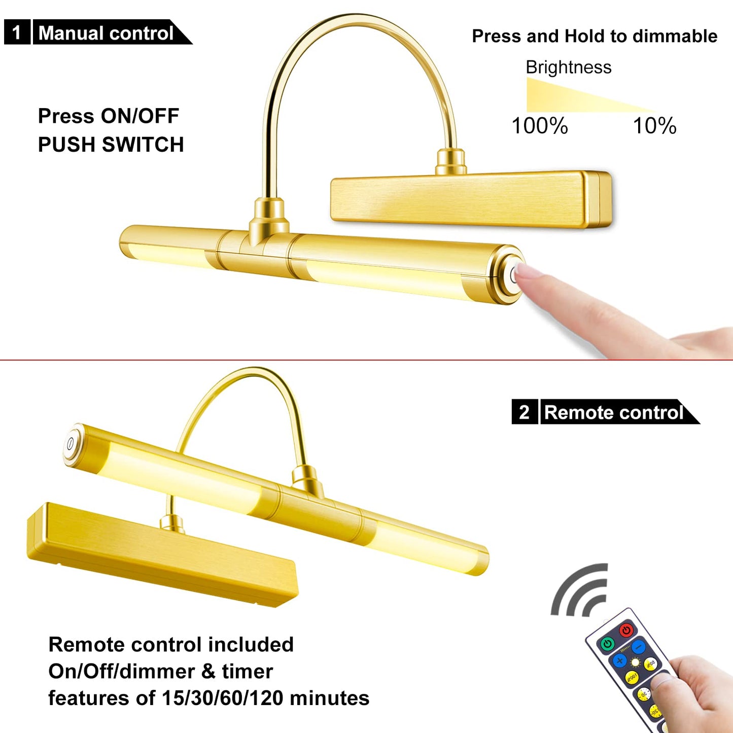 LUXSWAY Wireless Picture Light with Remote | Battery Operated, Dimmable & Timer, 180° Adjustable for Wall Art & Canvas – Gold