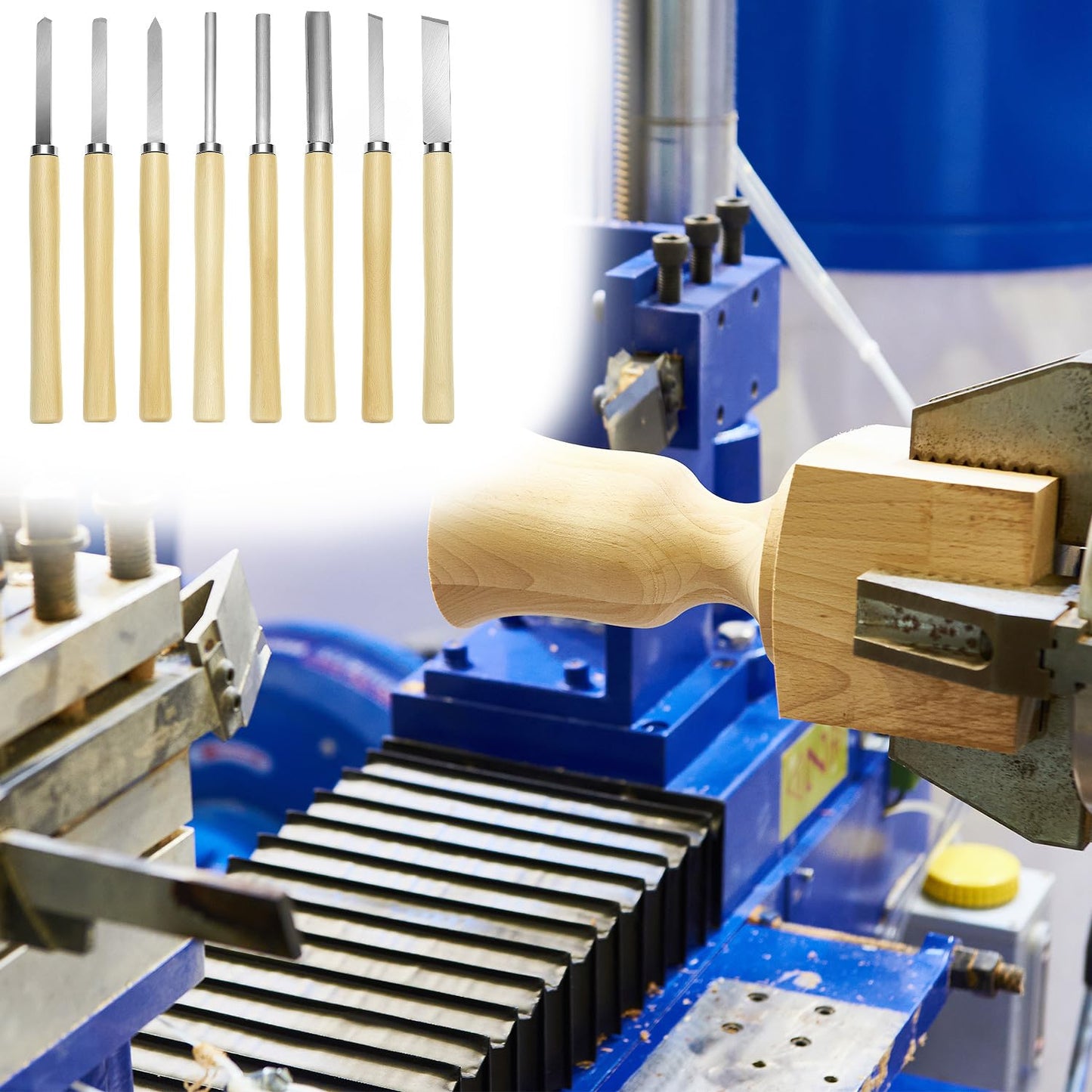 QWORK Wood Turning Chisel Set, 8 Pcs Lathe Chisel Set with Triple Tempered Chromium-Vanadium Steel for Woodworking and Craftsmanship