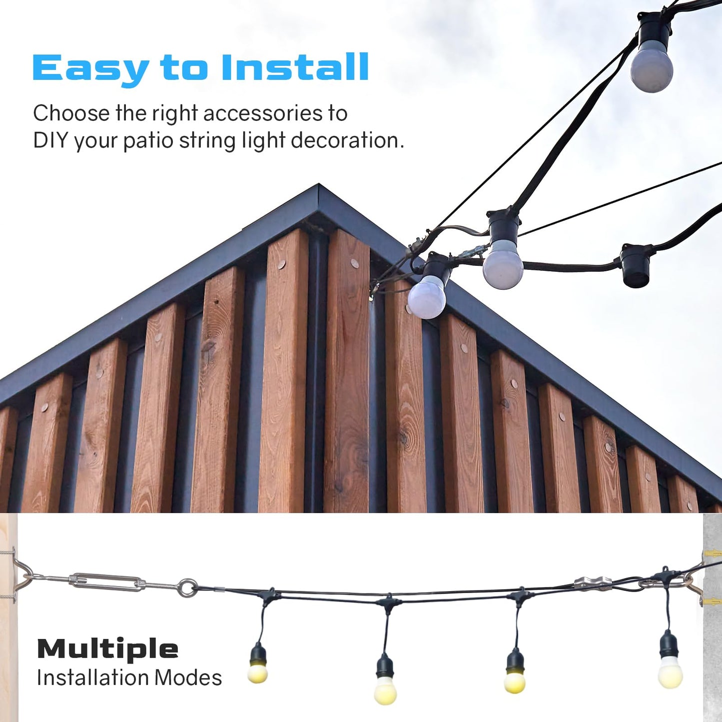 NEREUS 200 Ft String Light Hanging Kit - Vinyl-Coated 304 Stainless Steel Cable with Turnbuckles & Hooks for Patio & Backyard Lighting