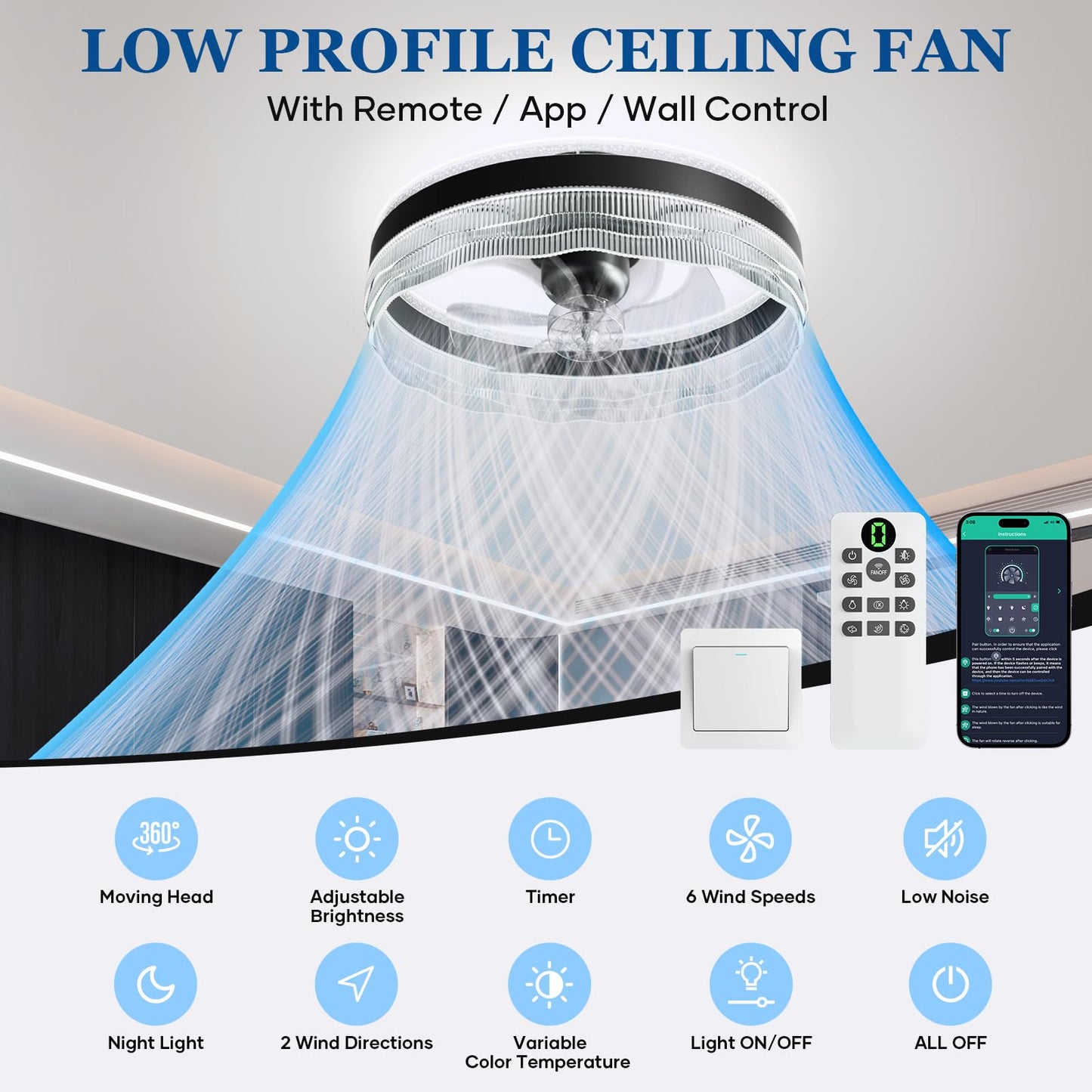 Kejector 20" Low Profile Ceiling Fan with Light, Bladeless Flush Mount LED Fandelier, Remote & App Control, 360° Oscillation