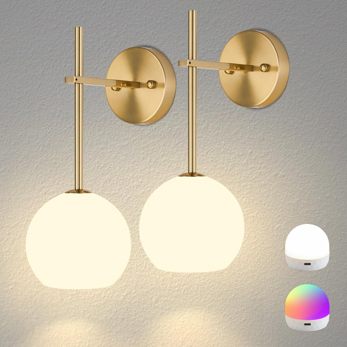 **Gold Battery Operated Wall Sconces Set of 2 – Rechargeable Wireless Wall Lights with Frosted Glass, RGB & 3CCT Dimmable, Remote Control**