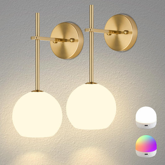 **Gold Battery Operated Wall Sconces Set of 2 – Rechargeable Wireless Wall Lights with Frosted Glass, RGB & 3CCT Dimmable, Remote Control**