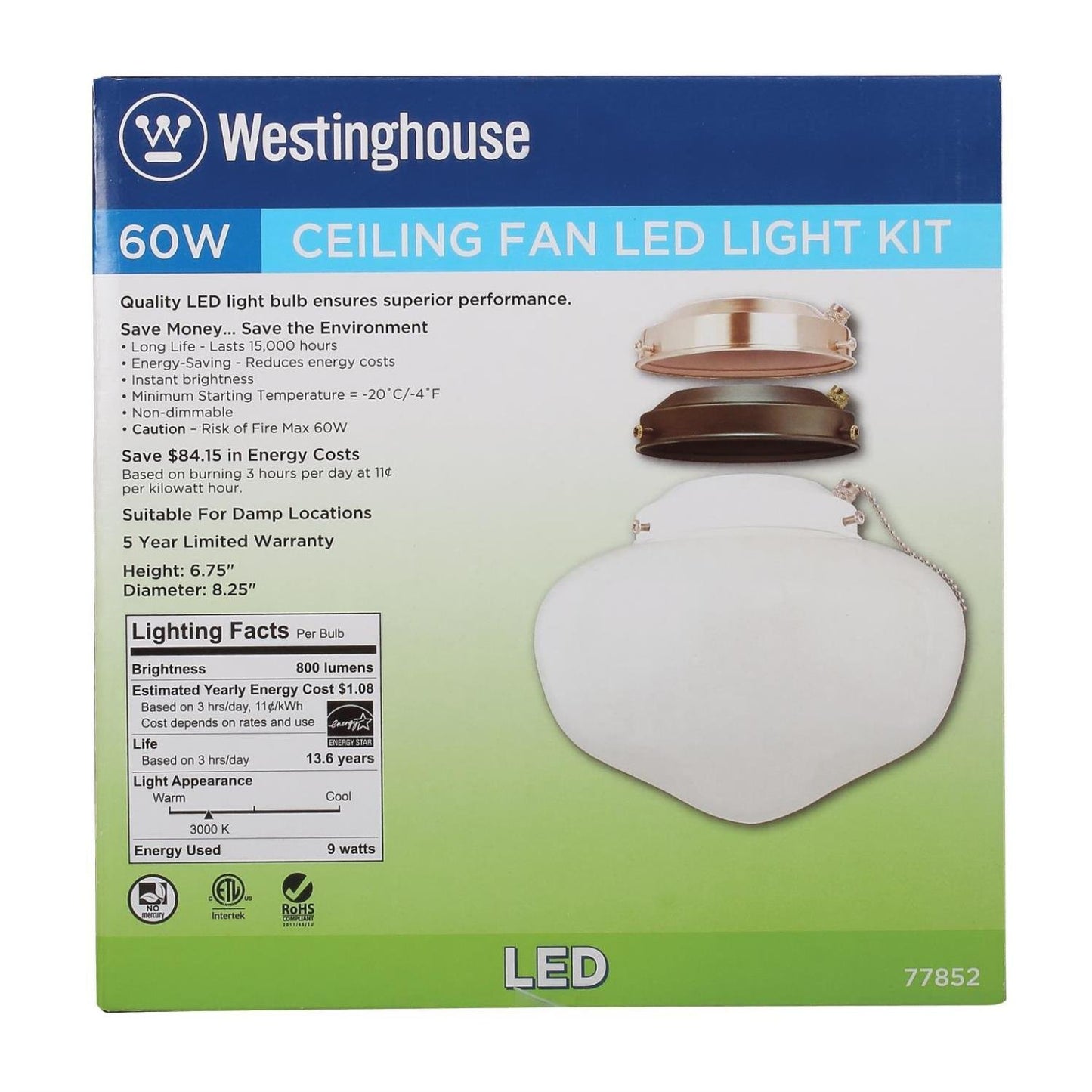 Westinghouse 7785200 Led Schoolhouse Indoor/Outdoor Energy Star Ceiling Fan Light Kit, Three Fitters with White Opal Glass , Red