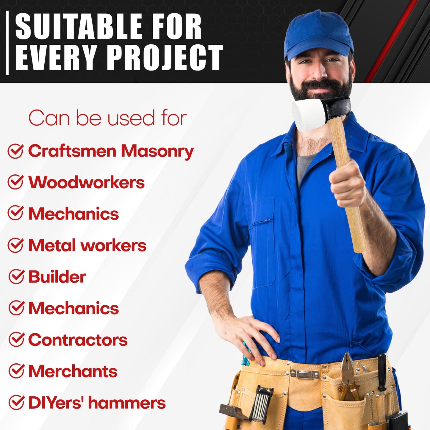 C&T White Rubber Flooring Mallet with Replaceable Head,Non-Marring Head, Wood Handle, 1 Replacement head