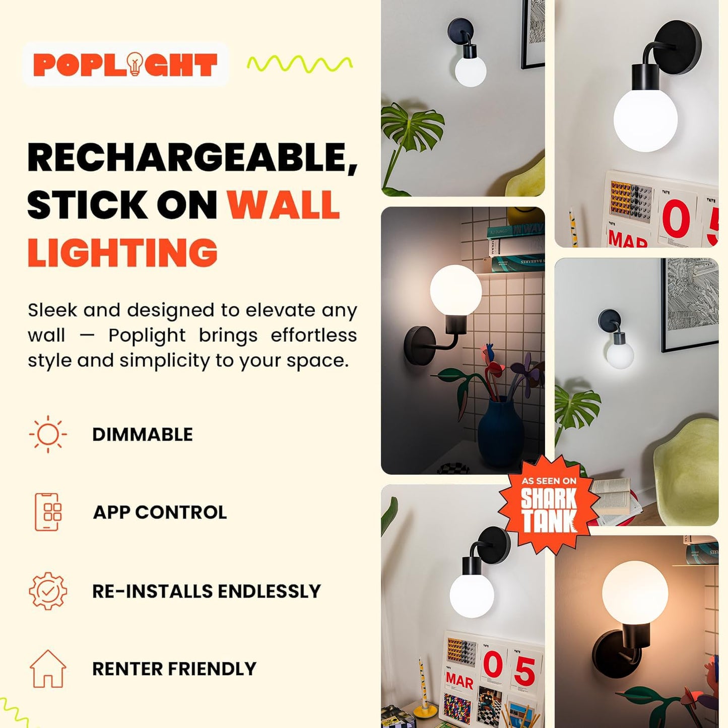 Poplight Wireless Wall Sconce (Shark Tank) – Rechargeable, Dimmable LED, App-Controlled, Moveable, Damage-Free Matte Black Ambient Light