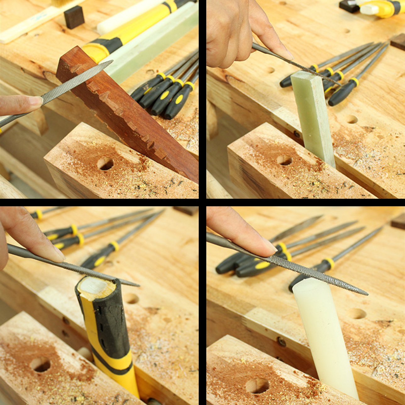 ADVcer 12-Pc Wood Rasp & Needle File Set with Bristle Brush, Hand Strap Case – Assorted Flat, Round, Half-Round, Square, Triangle Files