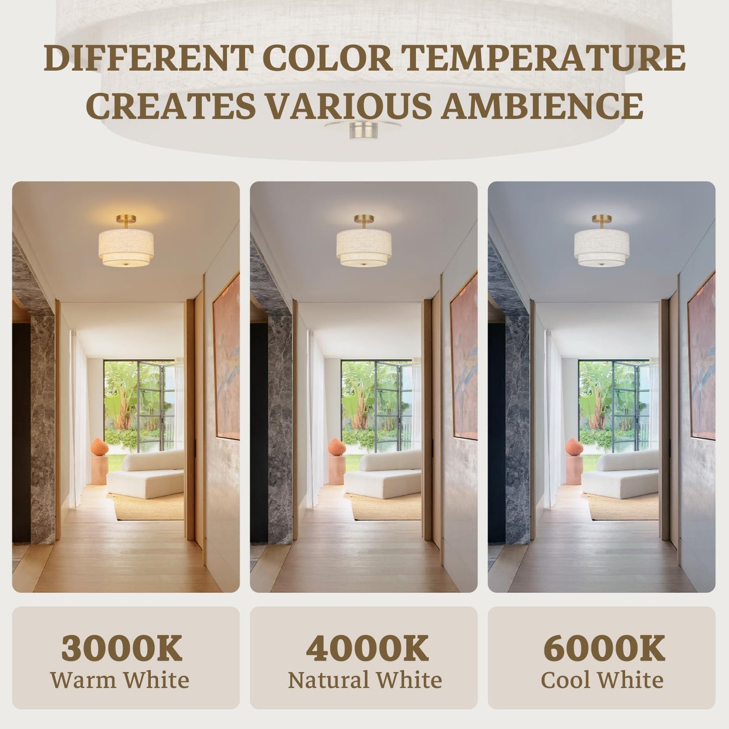 Semi Flush Mount Ceiling Light, 12.6" Gold Modern Drum Fixture with 2-Layer Linen Shade, Farmhouse Ceiling Light for Bedroom Living Room Hallway