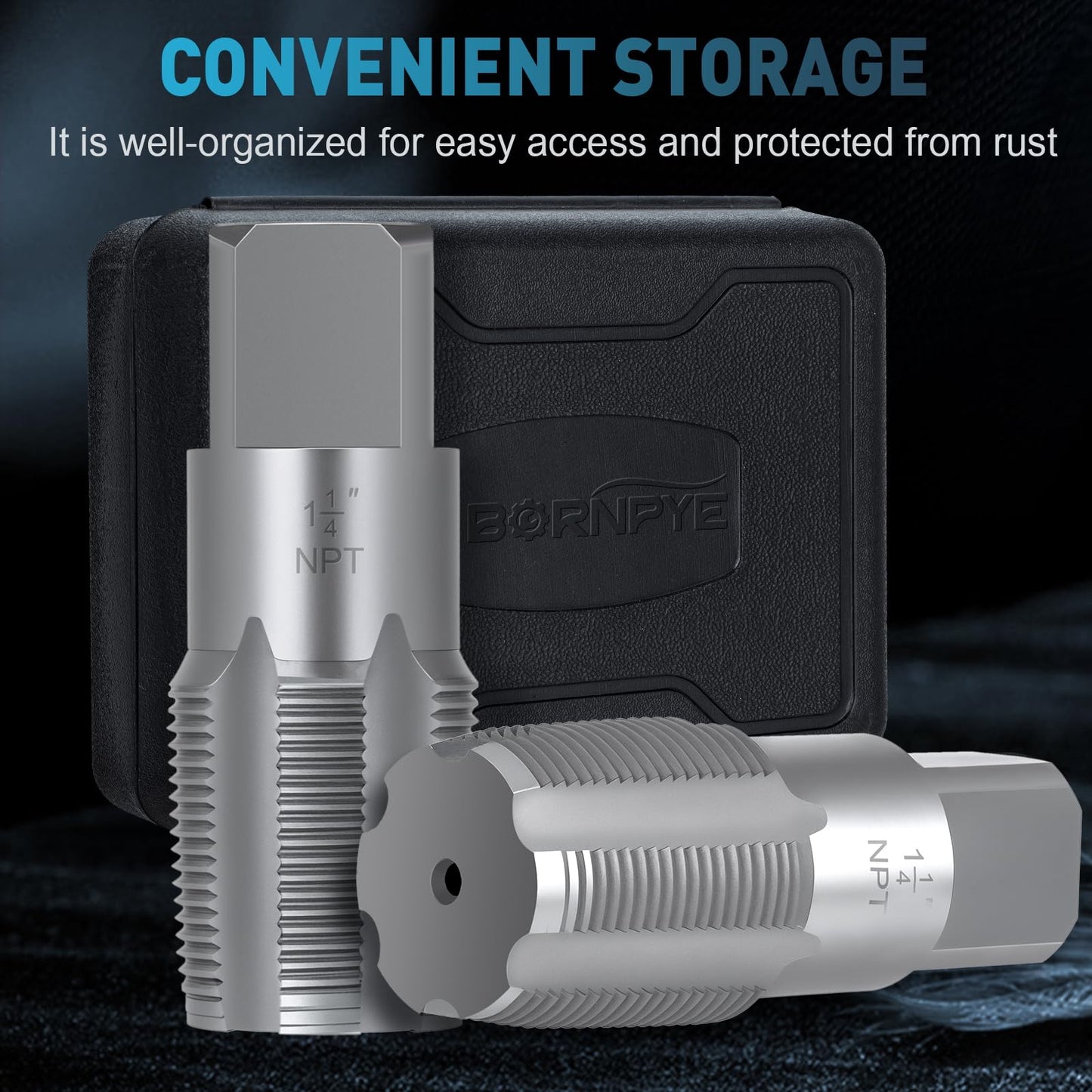 1-1/4"-11-1/2 NPT Pipe Tap Set, Precision Carbon Steel Threading Tool for Cleaning & Re-Threading Damaged Pipe Threads, Includes Durable Plastic Case