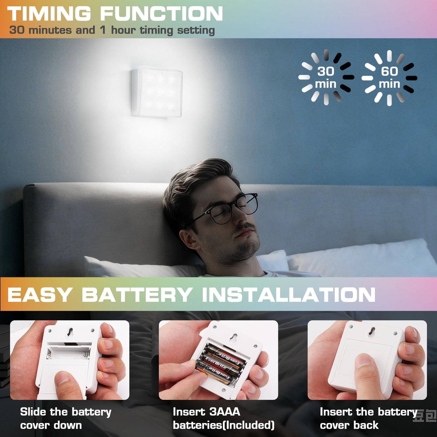 EverBrite LED Tap Lights 6-Pack, Remote-Controlled RGB Night & Closet Lights, Battery Powered, Push Lights for Indoor/Outdoor Use