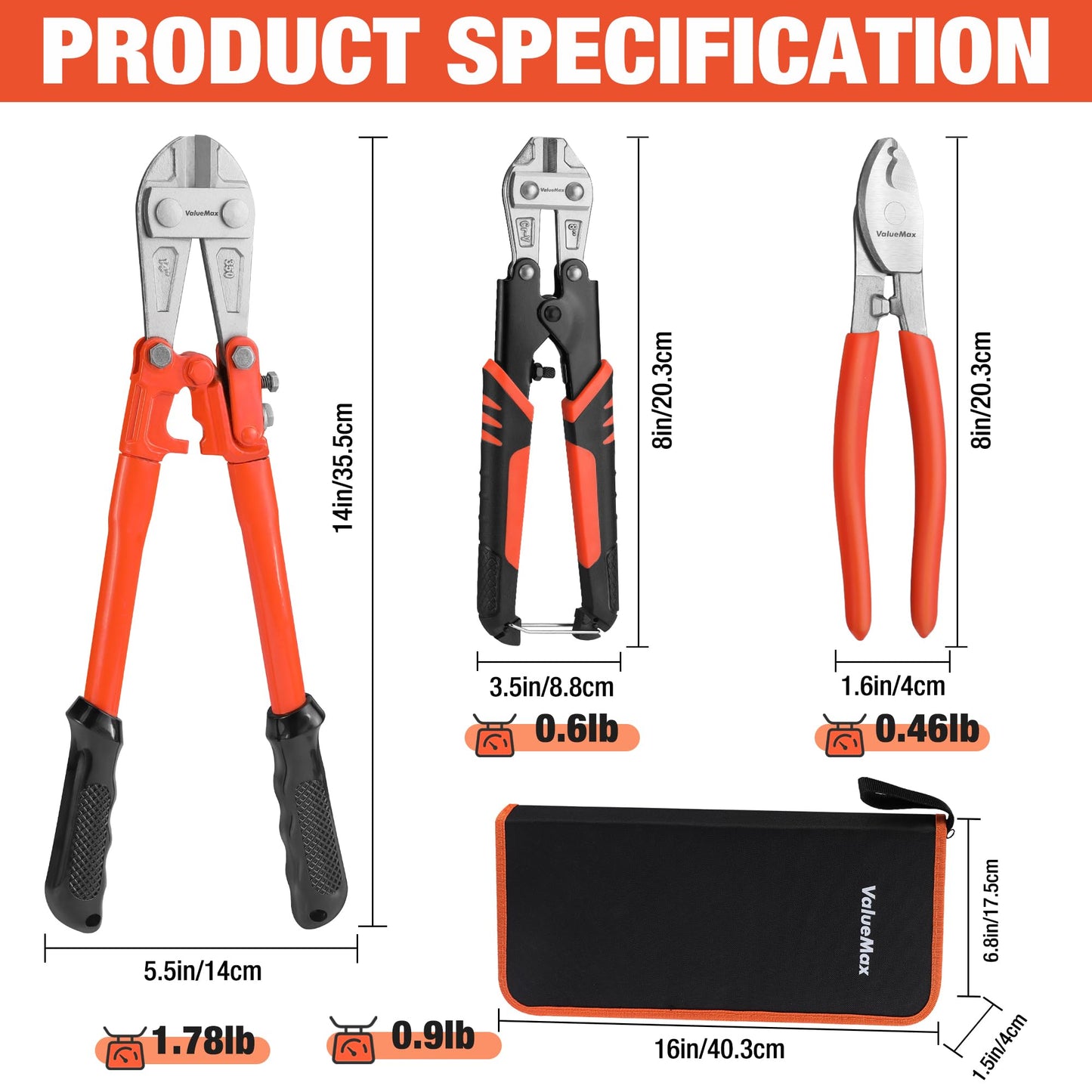ValueMax Bolt Cutter Set, 3-Piece Heavy Duty, 14" and Mini 8" Cutters, 8" Cable Cutter With Carrying Bag for Locks, Steel Wire, Barbed Wire, Chains
