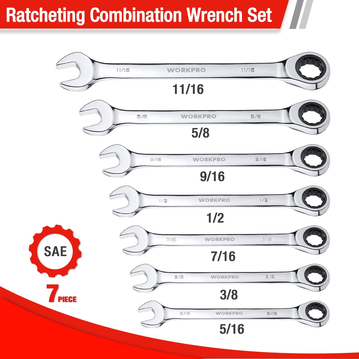 WORKPRO 7-Piece Ratcheting Combination Wrench Set, 72 Teeth, Cr-V Constructed, Combo Ratchet Wrenches Set with Roll Up Pouch, SAE 5/16"-11/16"