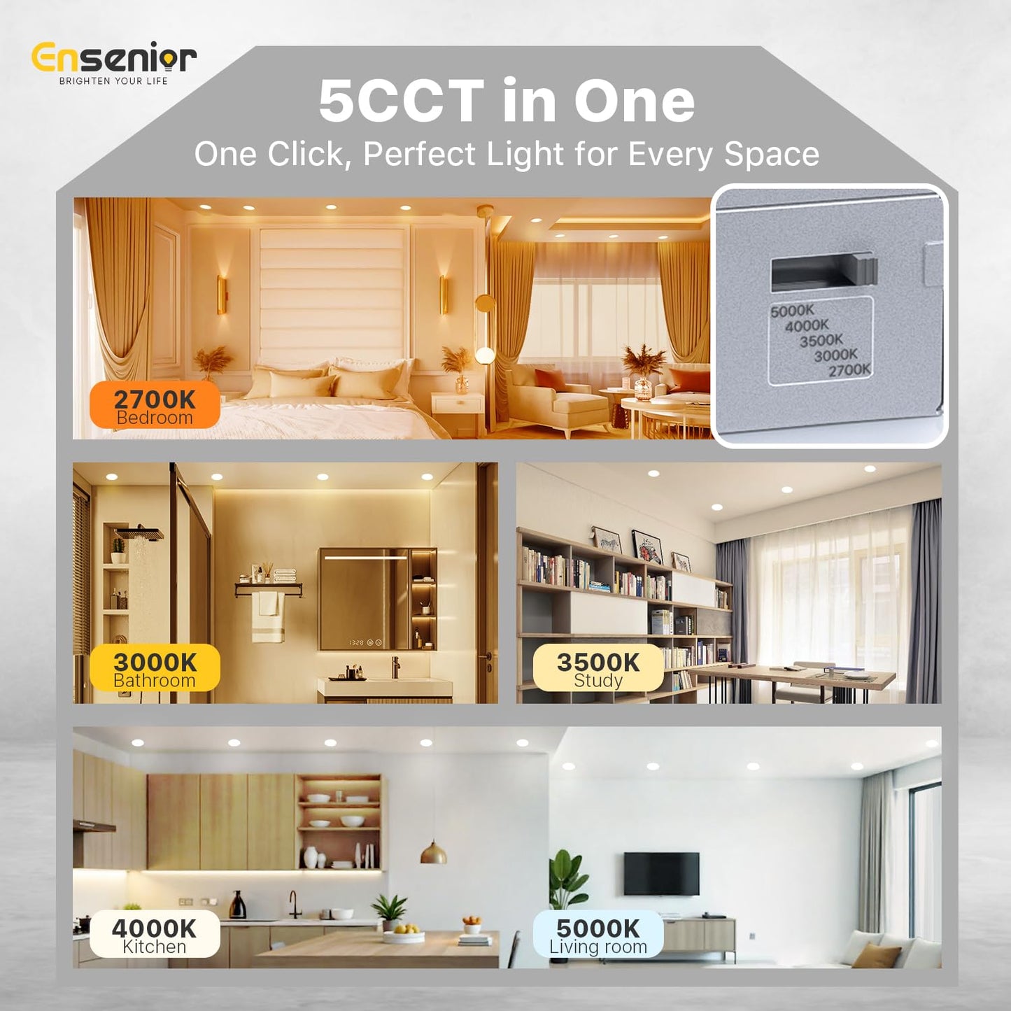 Ensenior 12 Pack 6 Inch LED Recessed Ceiling Light, Dimmable, 2700K-5000K 5CCT, 1200LM 12W 120V, High Brightness Canless Wafer Downlight - ETL&FCC&IC