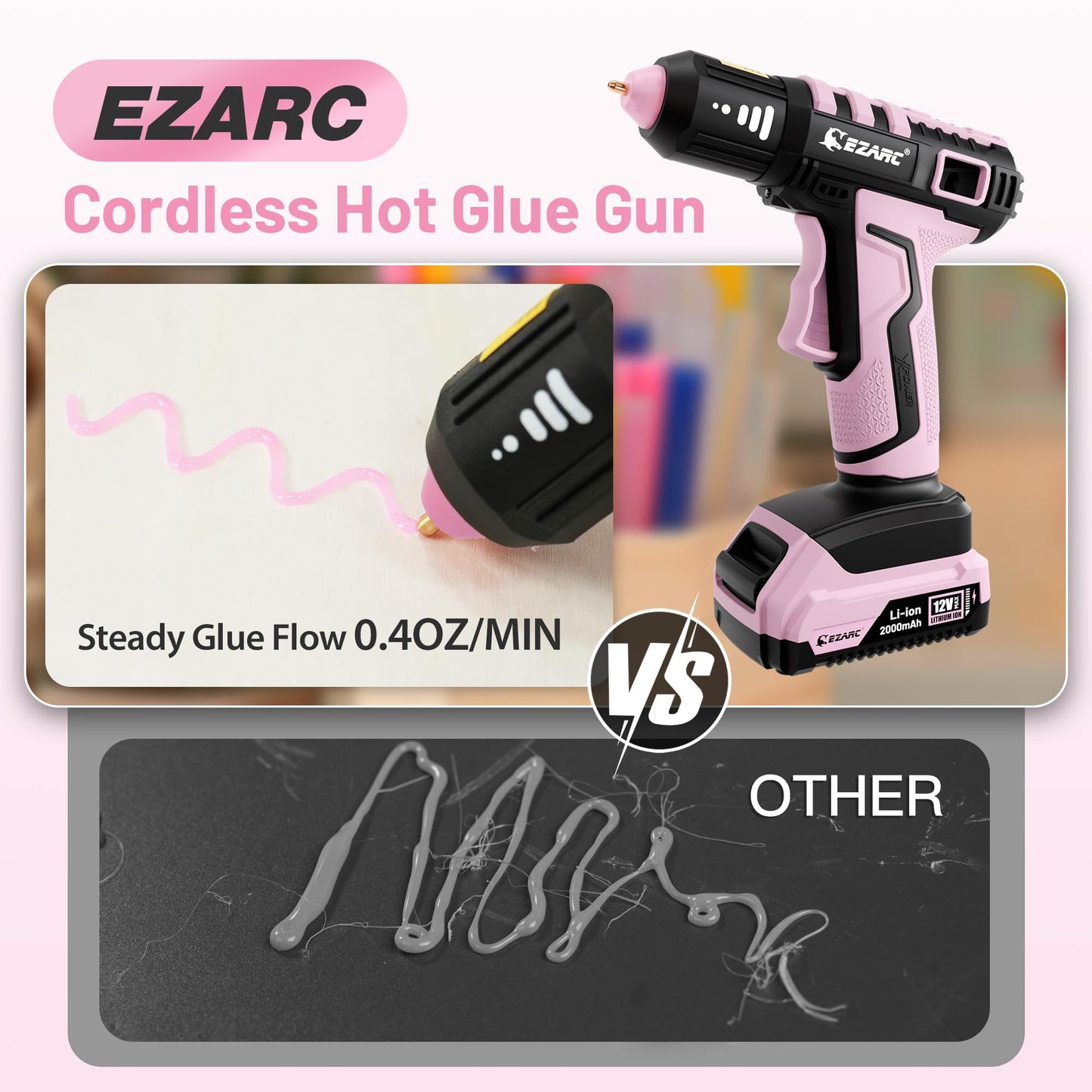 EZARC 12V Cordless Mini Hot Glue Gun, 15s Fast Heating for DIY Crafts, Home Repairs & School Projects, Includes 50 Pink Glue Sticks