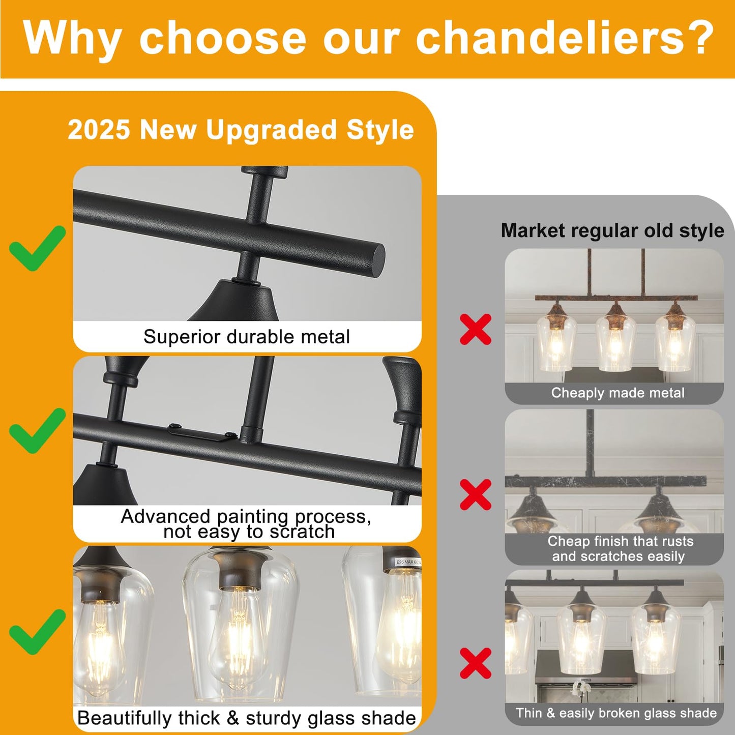 21.2'' Farmhouse Linear Chandelier, 3-Light Dining Room & Kitchen Island Pendant, Matte Black Ceiling Light with Clear Glass Shades