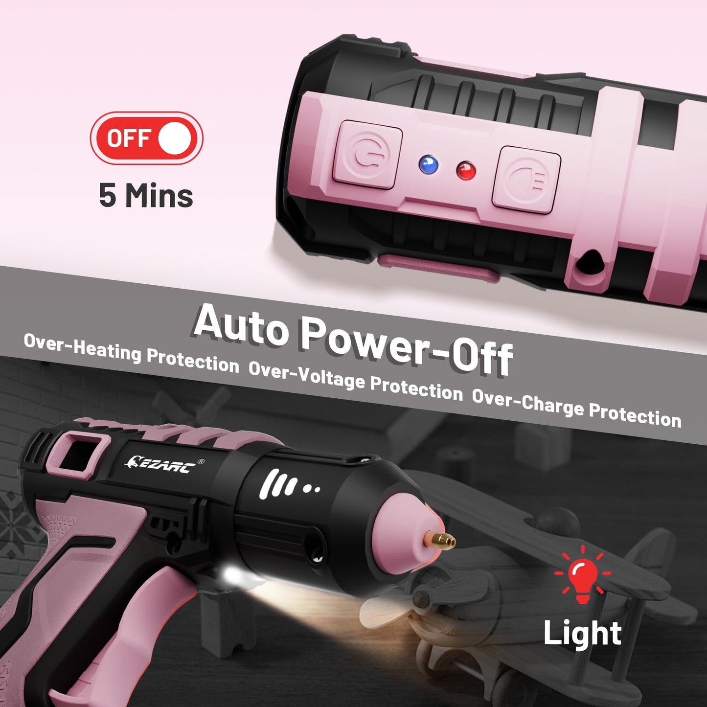 EZARC 12V Cordless Mini Hot Glue Gun, 15s Fast Heating for DIY Crafts, Home Repairs & School Projects, Includes 50 Pink Glue Sticks