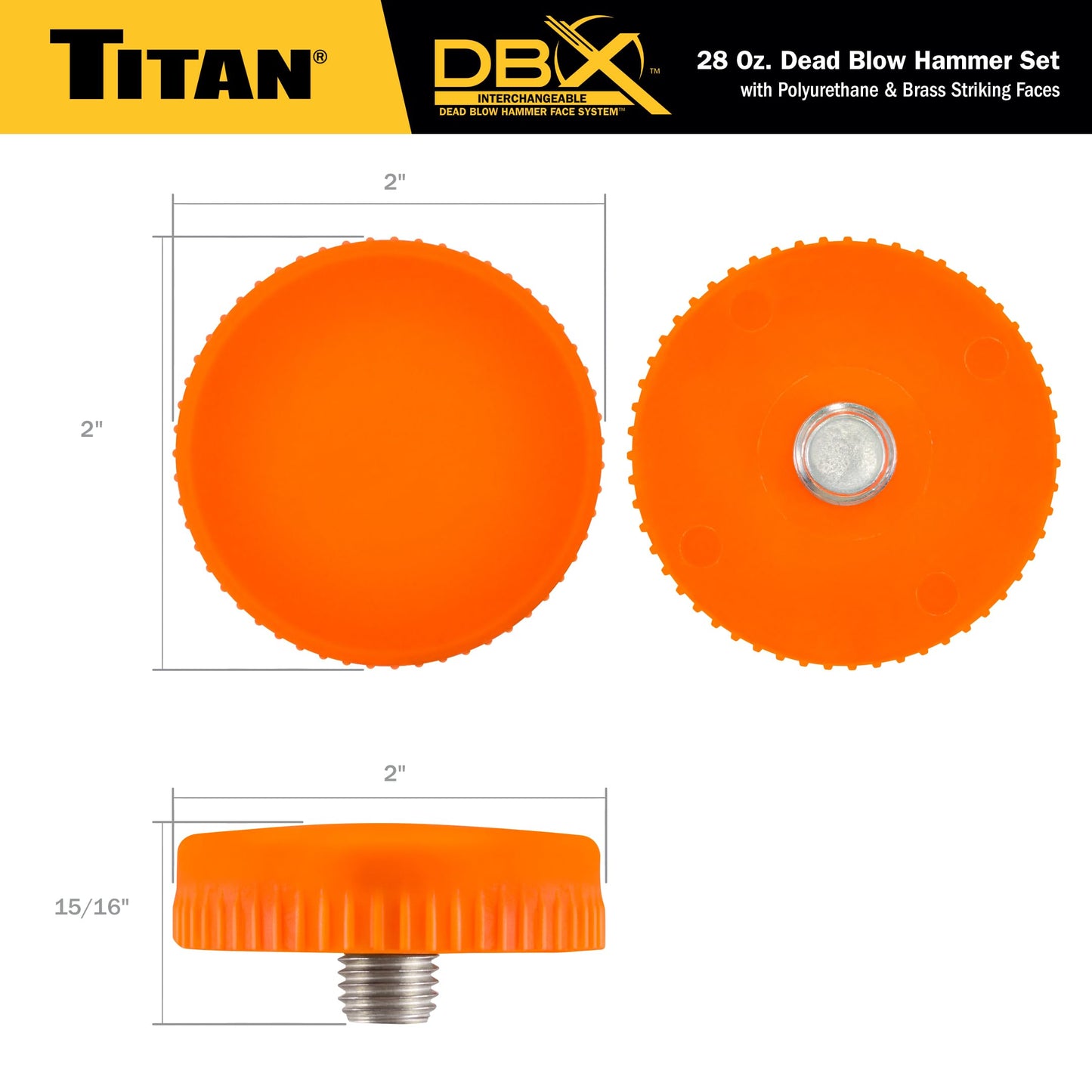 Titan DBX 63630 28oz Dead Blow Hammer, Interchangeable Polyurethane & Brass Faces, Rebound Resistant, 14" Fiberglass Handle