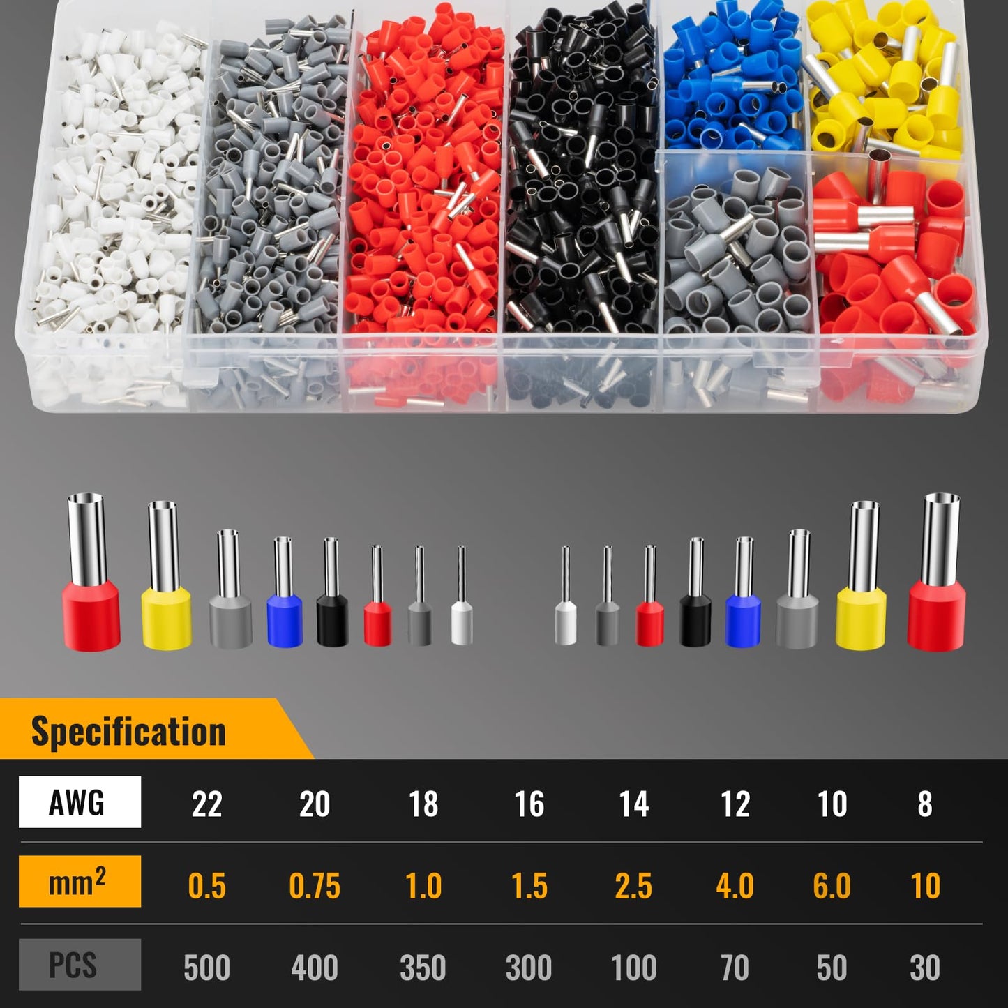 Ferrule Crimping Tool Kit with 1800pcs Wire Ferrules, Self-Adjusting 4-Corner Crimper AWG 23-7, Ratchet Pliers for Electrical, Car, Audio & DIY