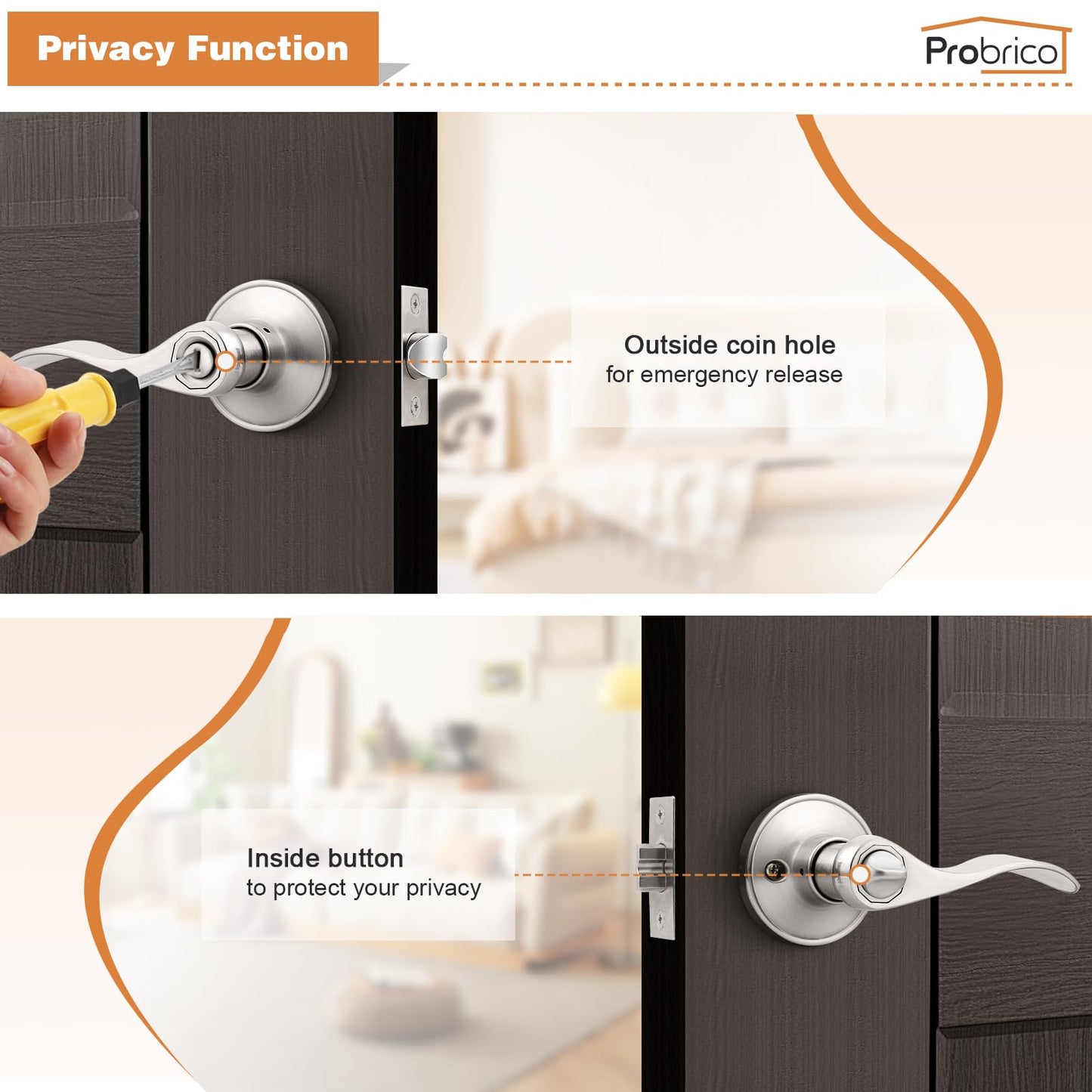 Probrico Privacy Door Levers Interior Door Handles Levers, Wave Style Bed Bath Door Handles Lock Keyless, Satin Nickel Door Lever Lockset 6 Pack