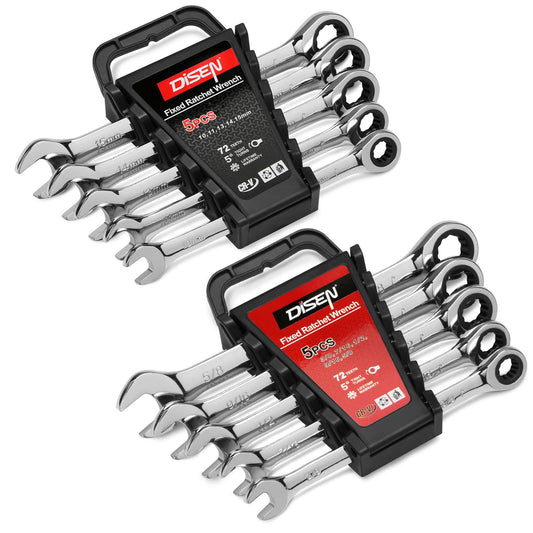 DISEN 10-Piece Ratcheting Wrench Set, SAE & Metric, 72-Tooth 12-Point CR-V Steel, Open/Box End with Rack, 10–15mm & 3/8″–5/8″